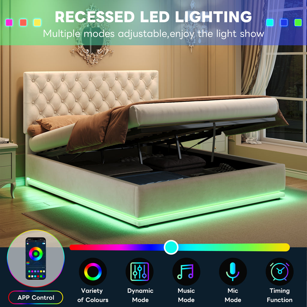 Double Ottoman Bed with LED Lighting, Velvet Upholstered Bed with Hydraulic Storage, 4ft6 Double Bed Frame with Handmade Button Tufted Adjustable Headboard, No Box Spring Needed, Beige (No Mattress)