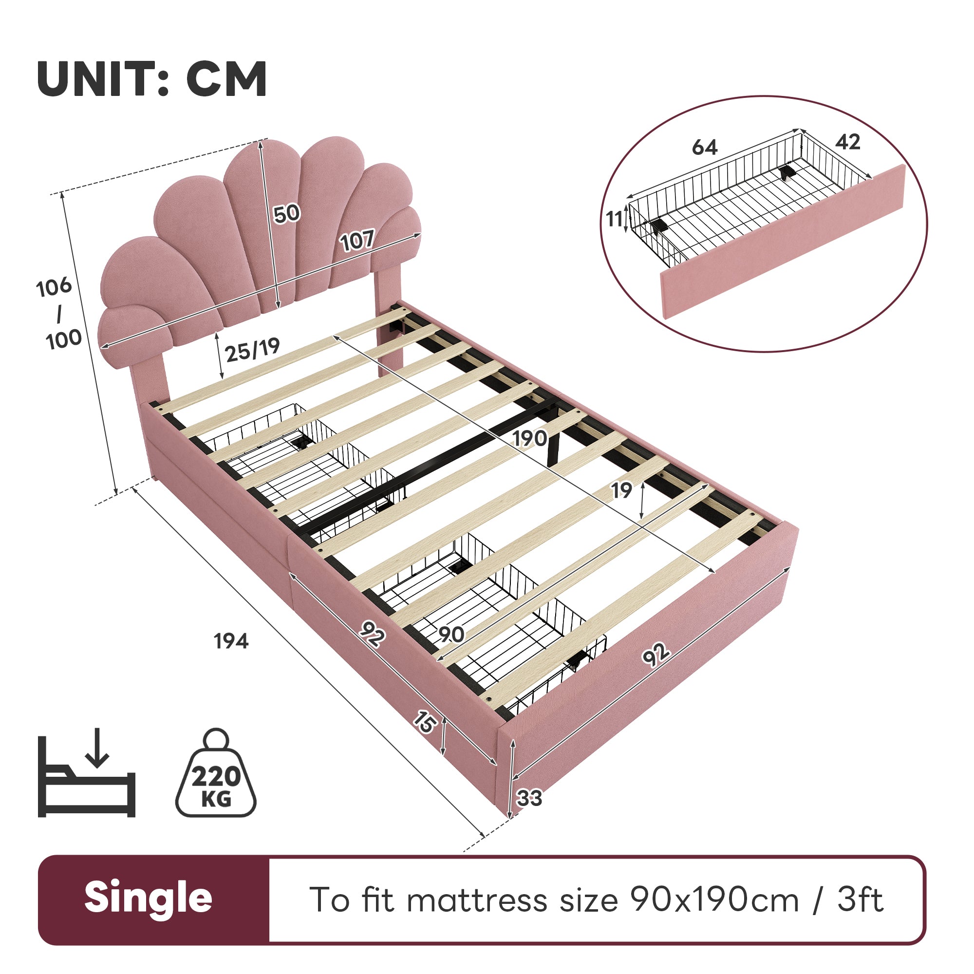 3ft Single Upholstered Bed with Adjustable Chic Petal Headboard, Soft Velvet Bed Frame with 2 Storage Drawers, Petal Bed with Solid Wood Slat, No Box Spring Needed, Easy Assembly, Pink (No Mattress)