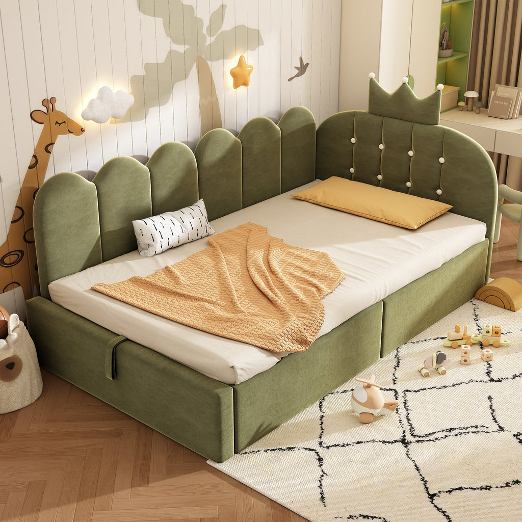 Upholstered Daybed with Hydraulic Storage, 3FT Single Sofa Bed 90 x 190 cm, Crown-shaped Bed Guest Beds for Adults & Children, Velvet, Green (No Mattress)