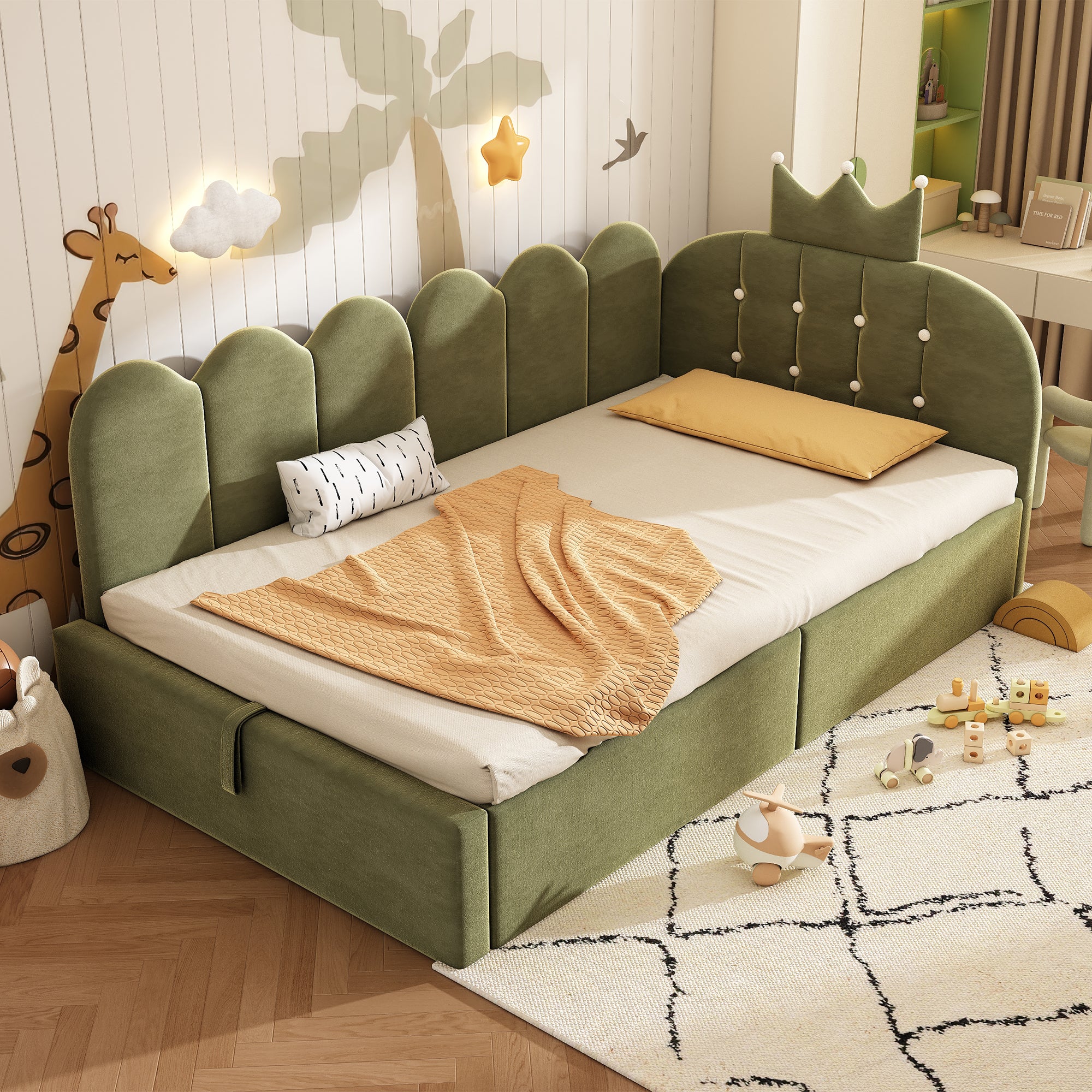Upholstered Daybed with Hydraulic Storage, 3FT Single Sofa Bed 90 x 190 cm, Crown-shaped Bed Guest Beds for Adults & Children, Velvet, Green (No Mattress)