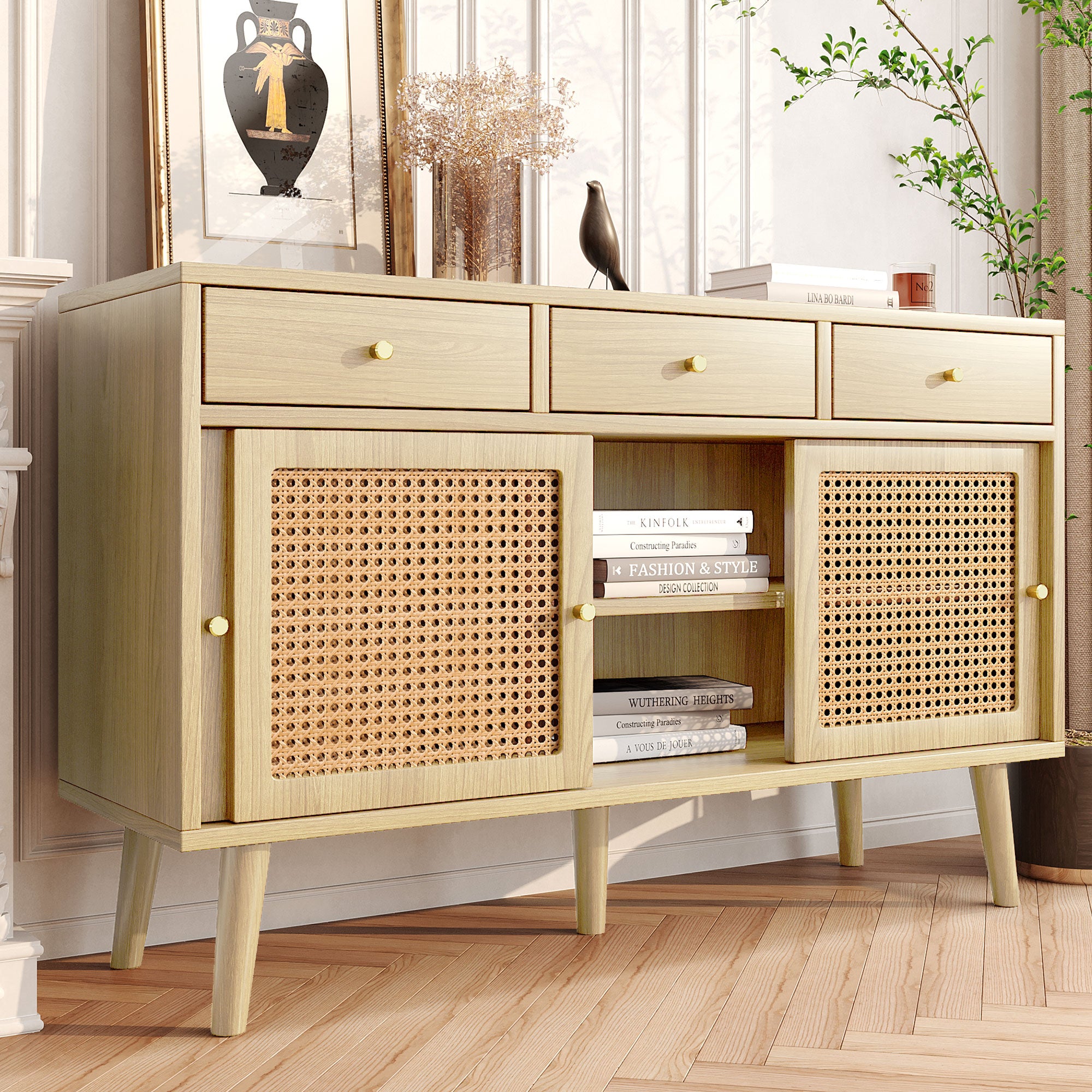 Modern retro rattan door sideboard 120*40*78cm, three drawer storage cabinet, wooden frame, stylish leg design, suitable for living room, dining room and entrance