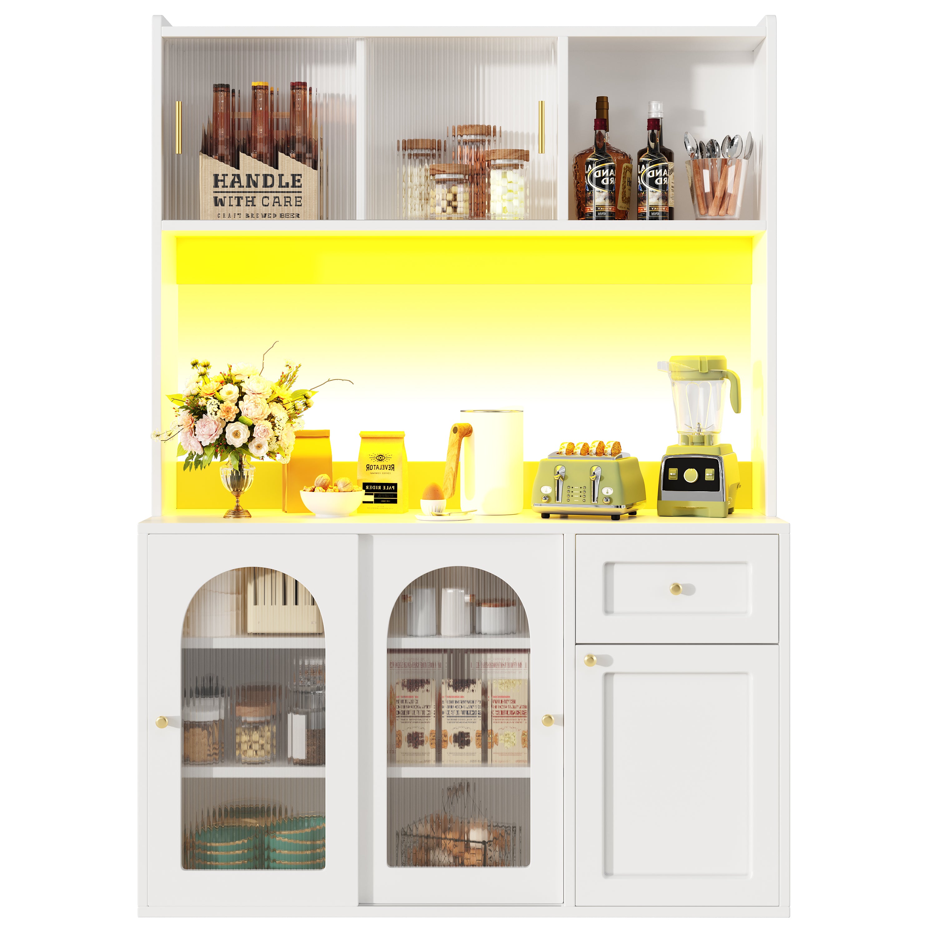 Kitchen Cabinet(120*35*167cm), Tall Cabinet, Display Cabinet, Buffet Cabinet with Adjustable Shelves, Dining Room Cabinet, Sideboard with LED Lighting, White/Black
