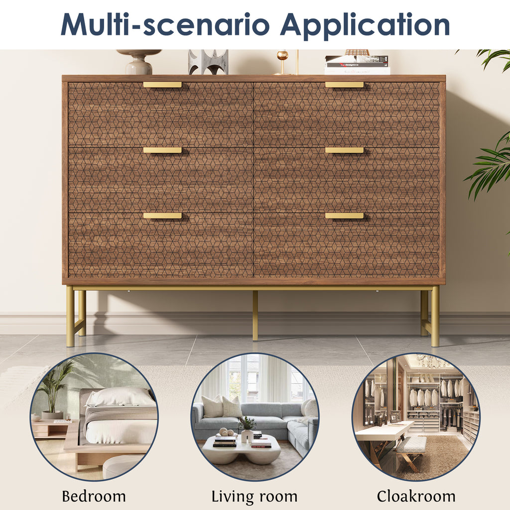 Embossed Design Sideboard Cabinet Dresser with 6 Drawers,  Anti-tip,  Sideboard for  Living Room, Hallway, Bedroom, and Children's Room, 120 x 40 x 75 cm, Walnut