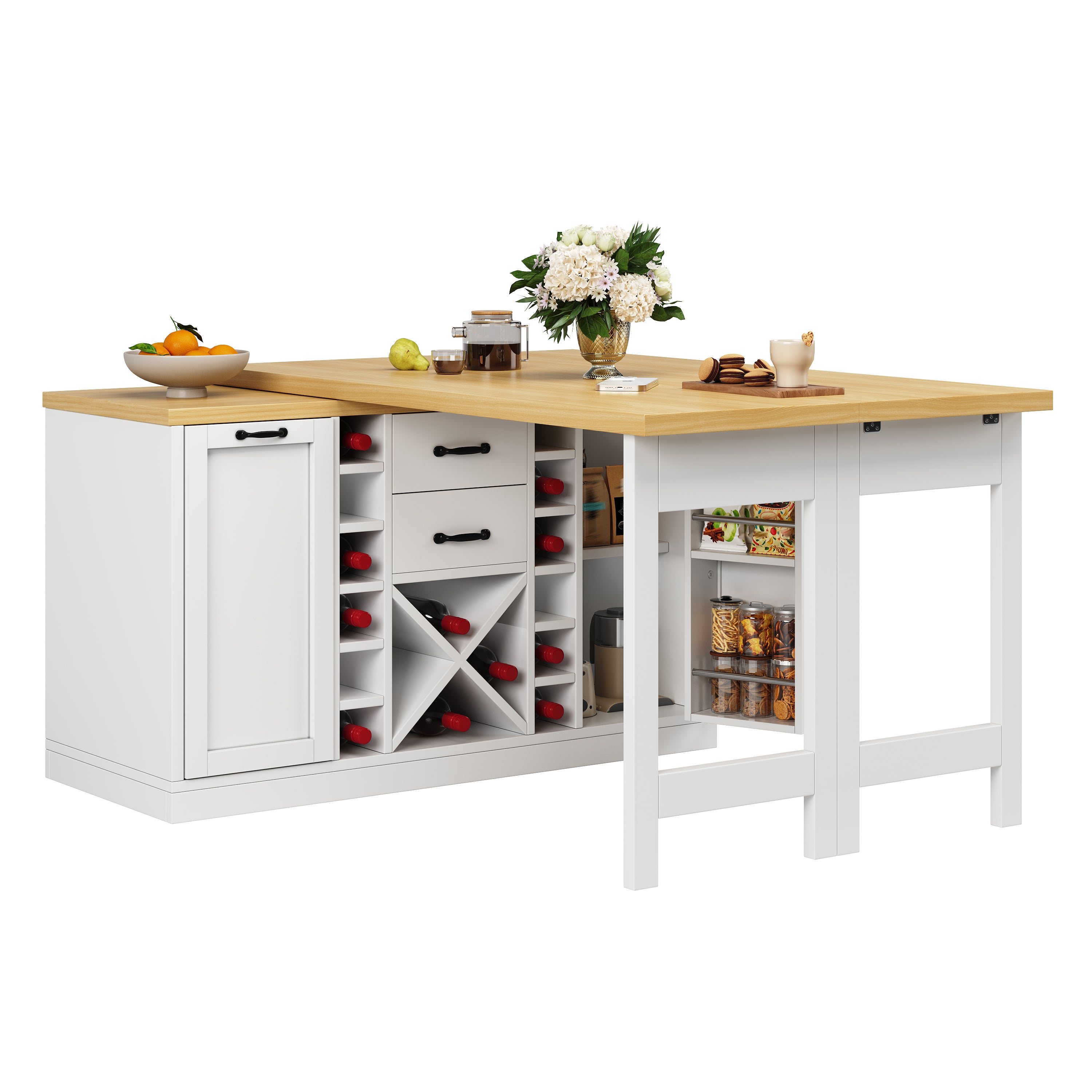 Extendable Sideboard & Dining Table Combo with Wine Rack,  Built-in Trash Bin Compartment and Side Doors with Snack Storage Racks, White