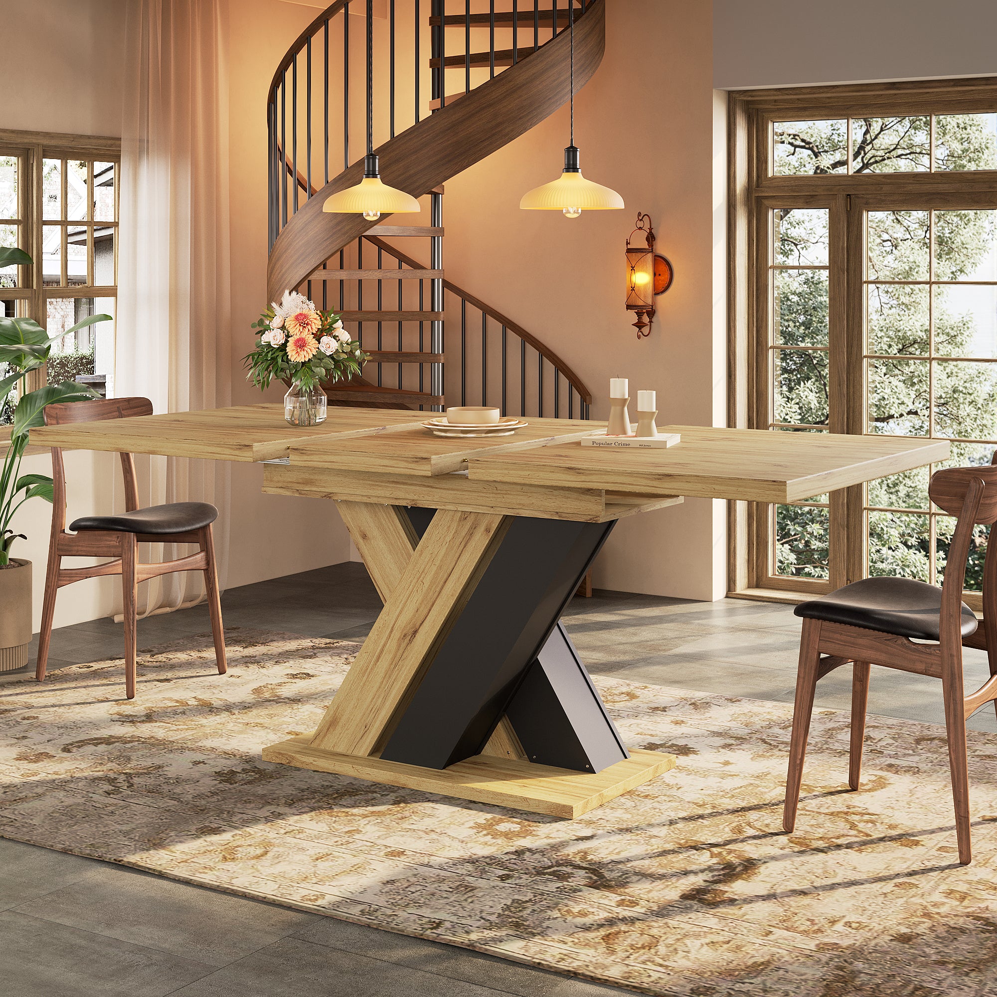 Dining table Telescopic table ,  kitchen table, extendable to 119-158.5cm with the aid of internal insert panels, for kitchen and living room, wood-colored dining table with X-shaped legs
