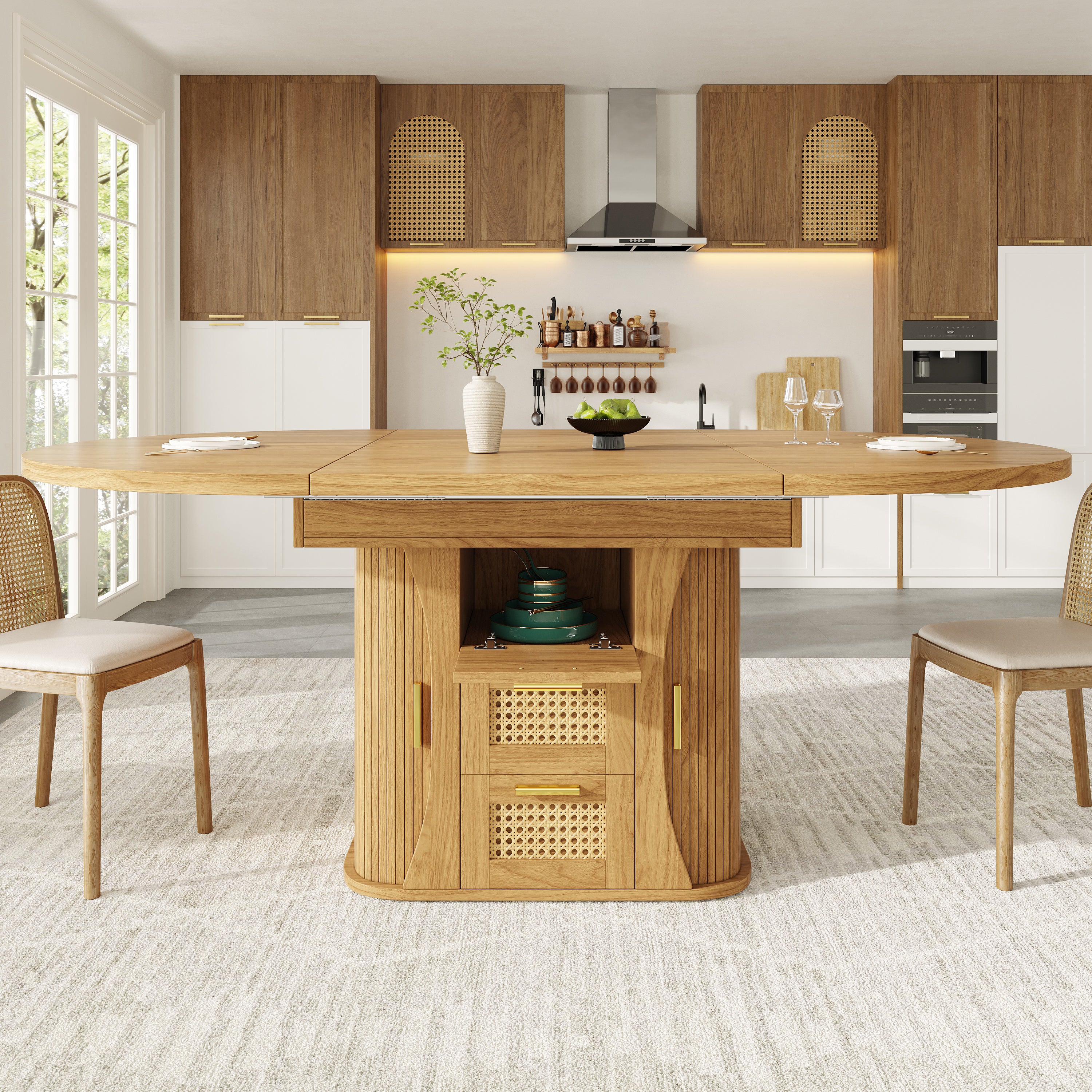 Extendable dining table with storage, 118–158cm table with rattan drawers, MDF wood look, black / natural wood / oak look