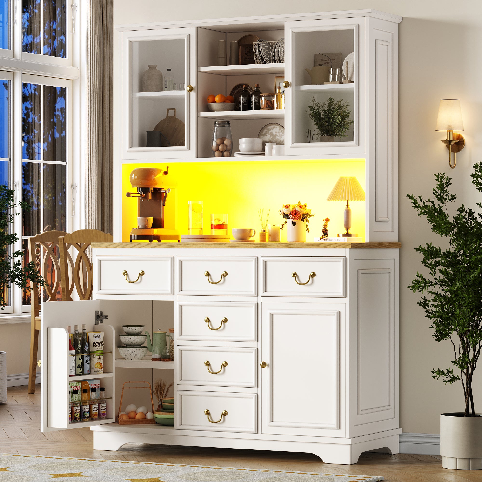 Tall kitchen cabinet with USB ports and sockets, sideboard with LED light strip, kitchen cabinet, storage cabinet with snack shelf doors, sideboard, waste bin can be installed, white