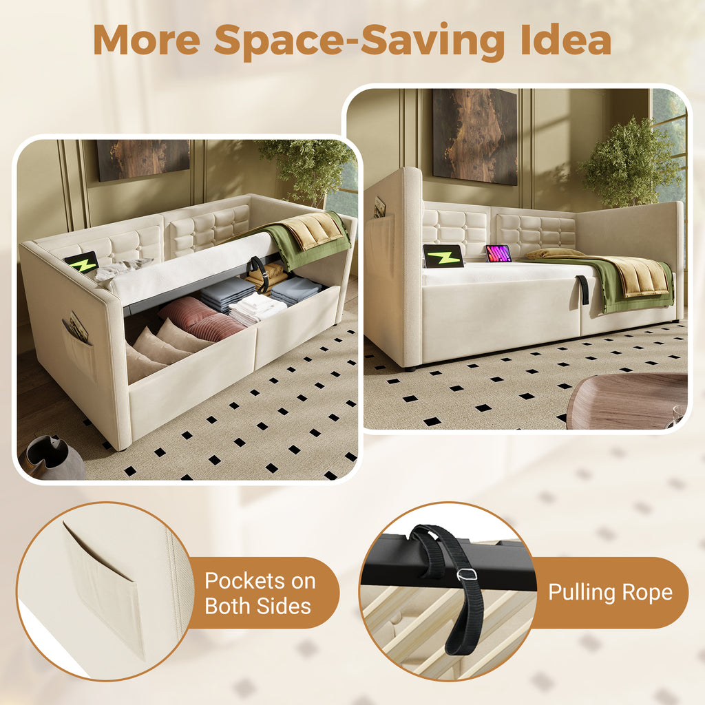Daybed Upholstered Bed 90 x 190 cm, 3FT Single Sofa Bed with USB &Type-C Charging Station,  Hydraulic Storage Bed for Living Room and Bedroom, Velvet, Beige (No Mattress)