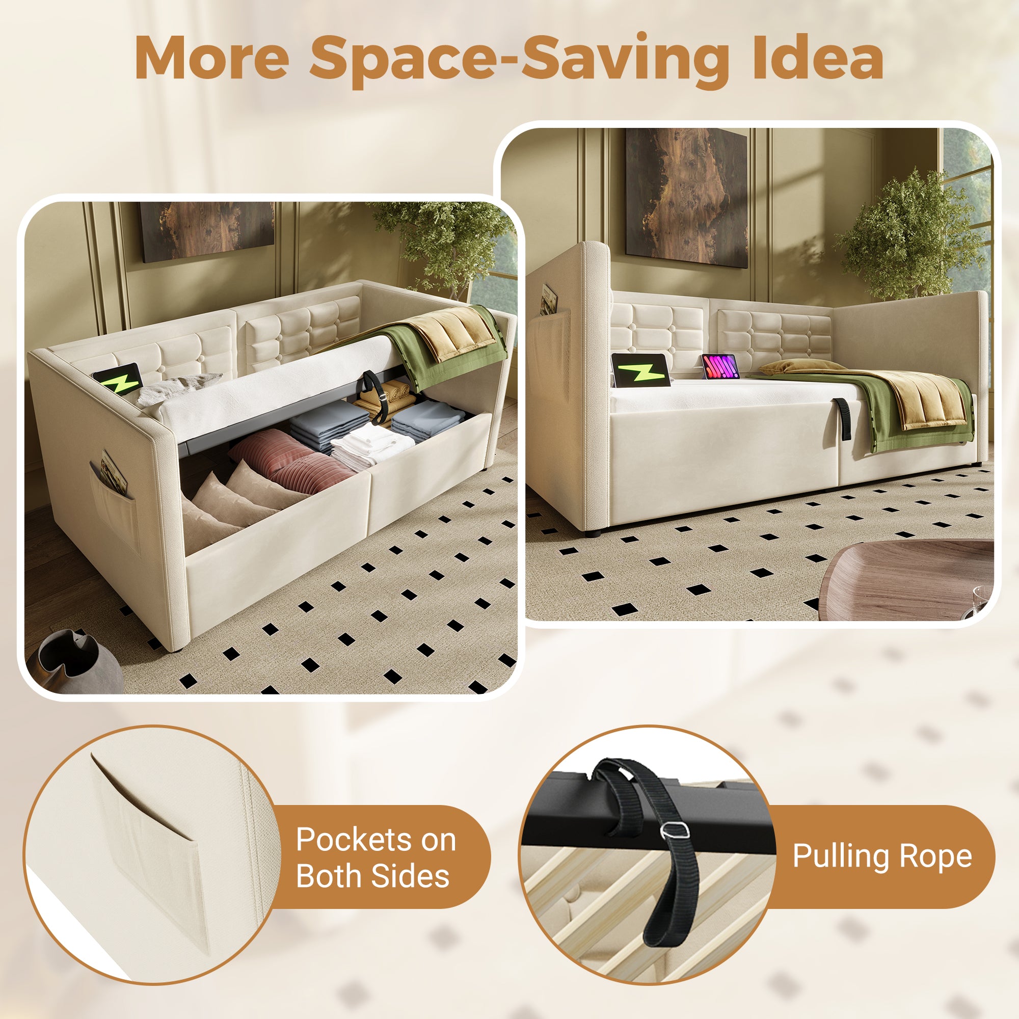 Daybed Upholstered Bed 90 x 190 cm, 3FT Single Sofa Bed with USB &Type-C Charging Station,  Hydraulic Storage Bed for Living Room and Bedroom, Velvet, Beige (No Mattress)