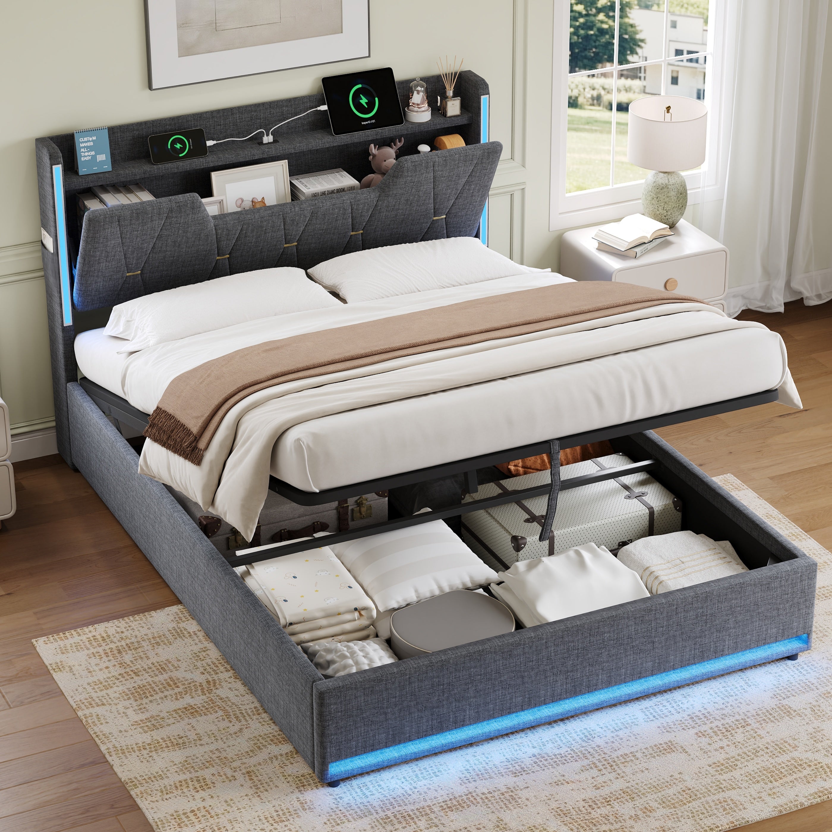 4ft6 Double Upholstered Bed Frame with Hydraulic Storage,  LED X-Shape Headboard with Charging Station and Flip-top Headboard Storage, USB and Type - C Ports, Linen, Grey (No Mattress)