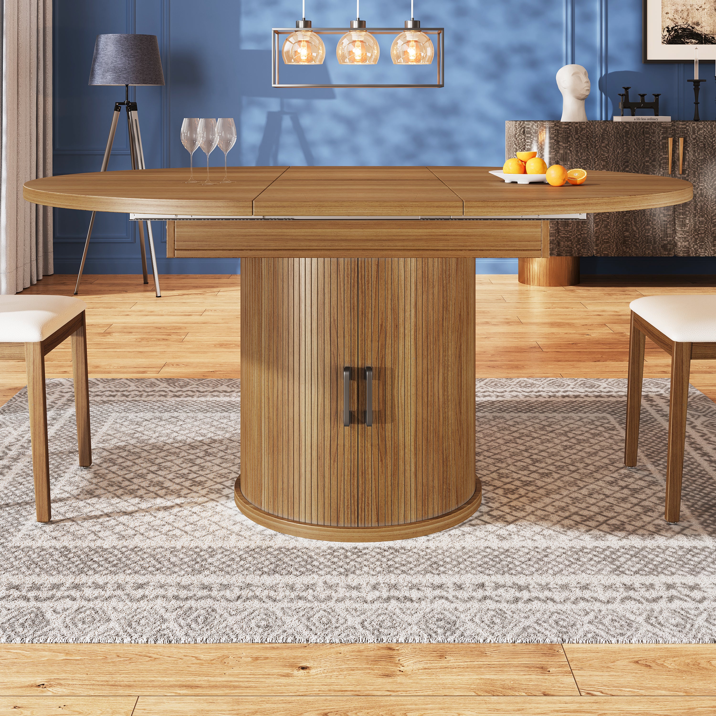 Extendable dining table, dining room table, kitchen table, balcony table, extendable table top Round dining table, extends to oval, 118–158 cm, seats up to 6 people, walnut/black