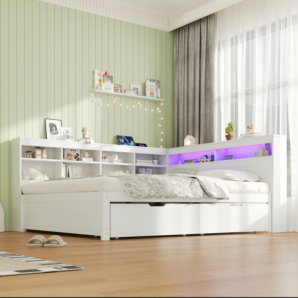 4ft6 Double Daybed with Two Storage Drawers and Beside Storage, LED Modern Bed frame with Charging Station, Wood Bed for Living Room/ Bedroom/ Study Room, 135X190cm, Easy Assembly, White (No Mattress)