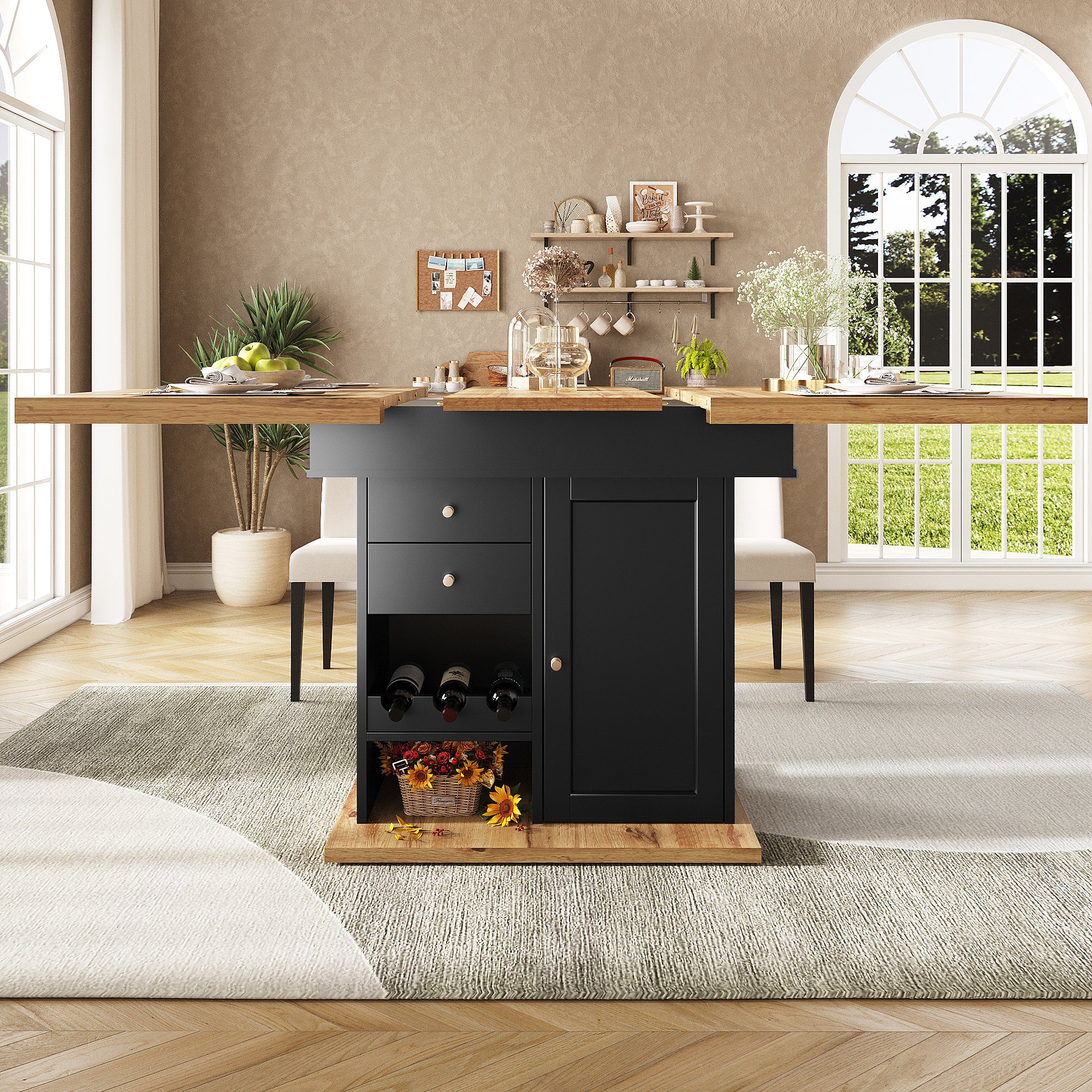 Telescopic dining table (110-140×80 cm), foldable kitchen table for 4-6 people, extendable dining table, space-saving kitchen table, for kitchen and living room, table with snack shelf and wine rack