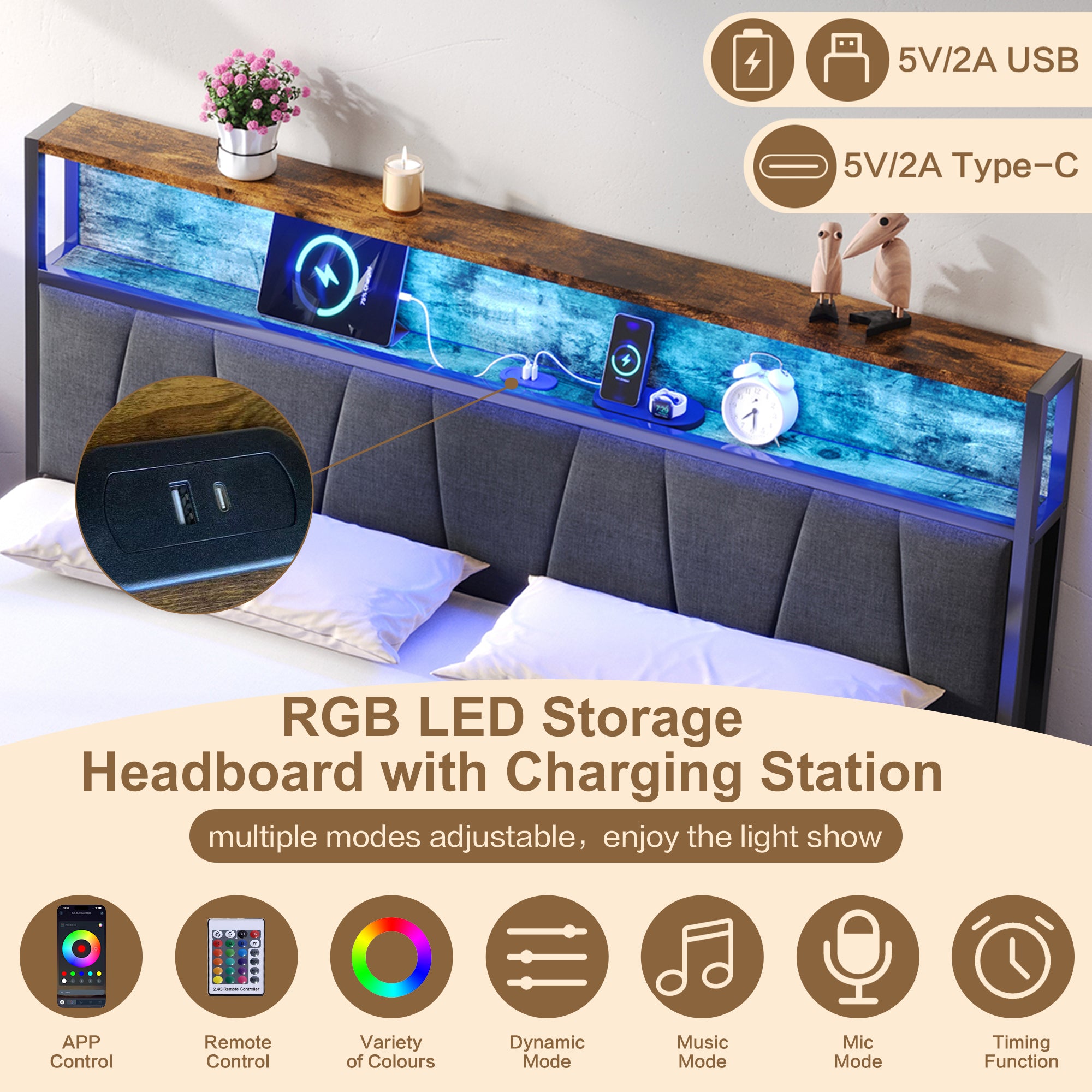 4ft6 Double Bed Frame with 2 Storage Drawers, RGB LED Storage Headboard with Charging Station, Metal Platform Bed Frame, No Box Spring Needed, Easy Assembly, Black+Walnut (No Mattress)