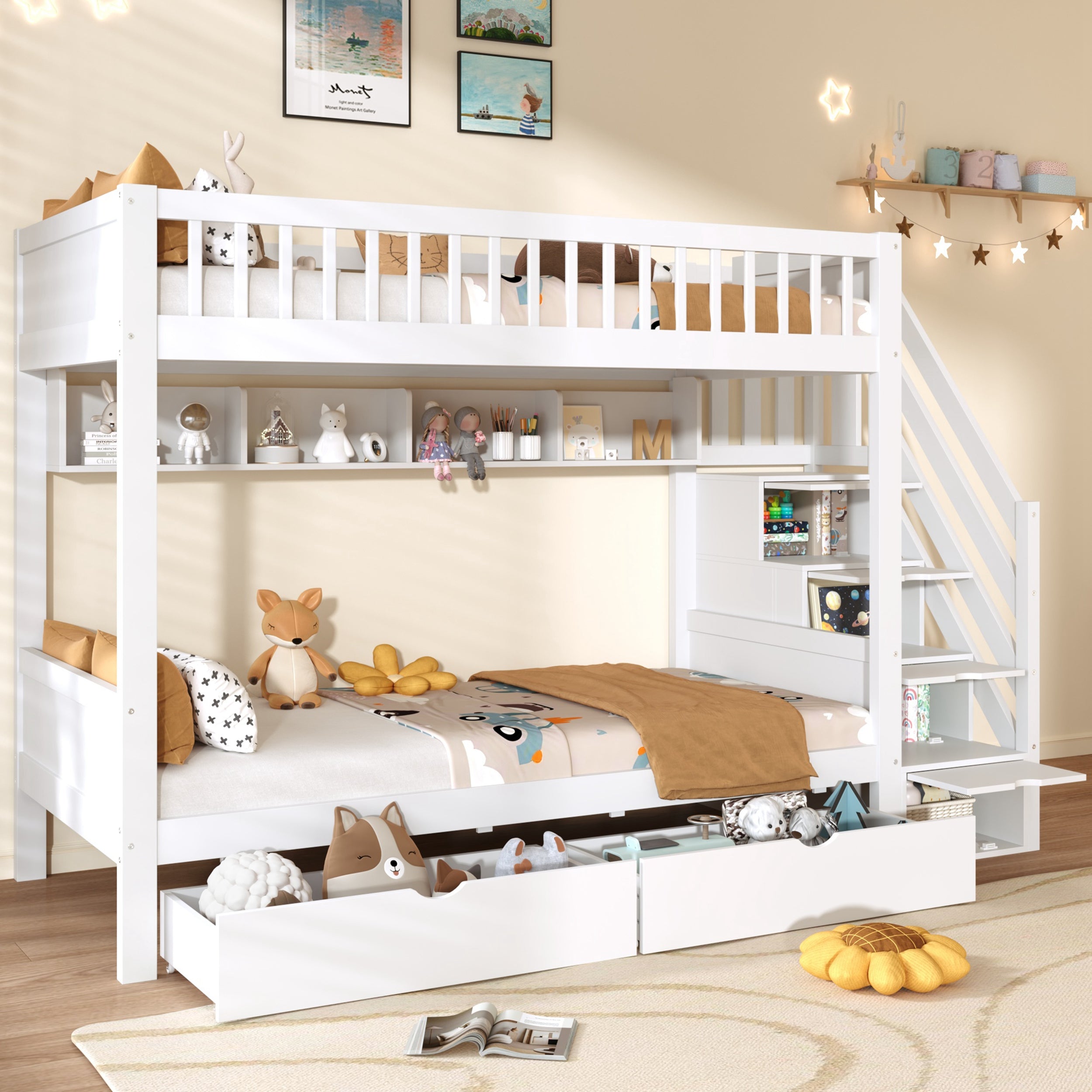 3ft Single Loft Bed with Under Bed Drawers, High-Quality Solid Wood Bunk Bed Frame with Integrated Stairway Storage, Shelving and Hidden Lockers, Safety Guardrails, White (No Mattress)