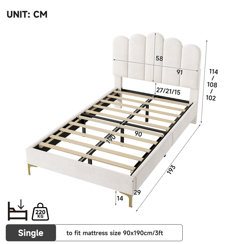 3ft Single  Premium Velvet Upholstered Bed Frame with Scalloped Channel Tufted Design, Height Adjustable Headboard & Gold Metal Feet, Under-bed Storage Space, No Box Spring Needed, Beige (No Mattress)