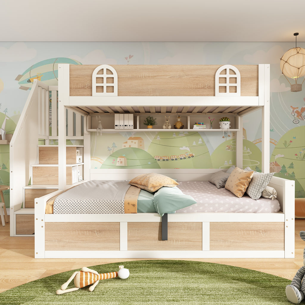 Bunk Beds for Kids, Staircase Bunk with Hydraulic Storage, Children's Bed with Storage Cube, Double Bunk Bed for Family with Multiple Children, (90+135) x 190 cm, Solid Wood, White & Natural