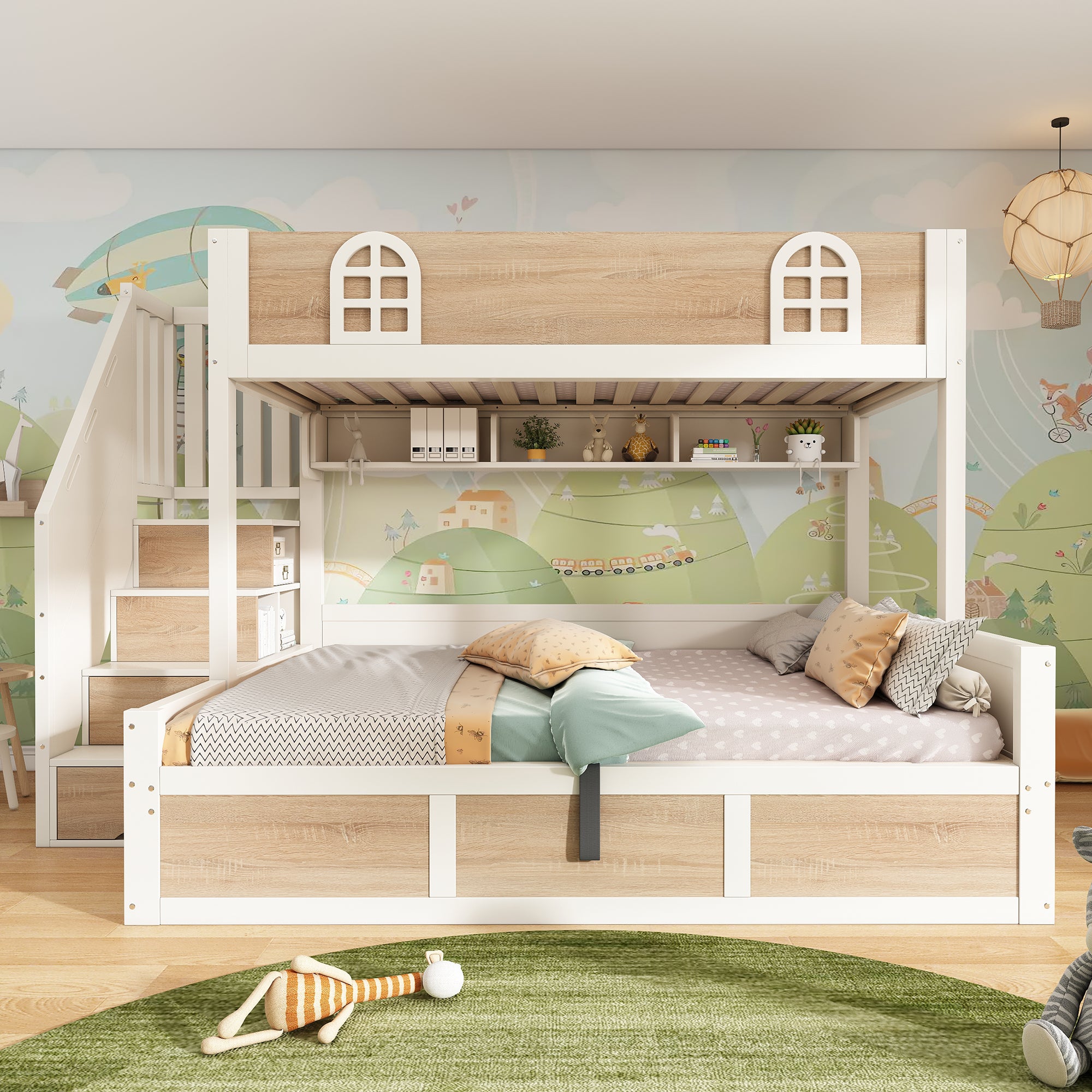 Bunk Beds for Kids, Staircase Bunk with Hydraulic Storage, Children's Bed with Storage Cube, Double Bunk Bed for Family with Multiple Children, (90+135) x 190 cm, Solid Wood, White & Natural