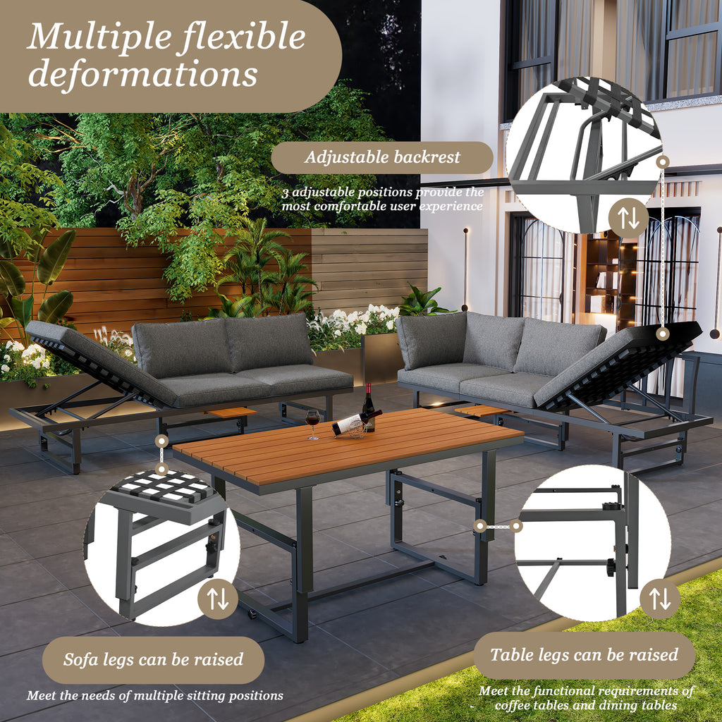 Outdoor Garden Furniture Set With 2 Sofas and Table with Galvanised Iron Frame, Adjustable Backrests, Adjustable Table, Acacia Wood, Including All Seat Cushions and Pillows, Grey