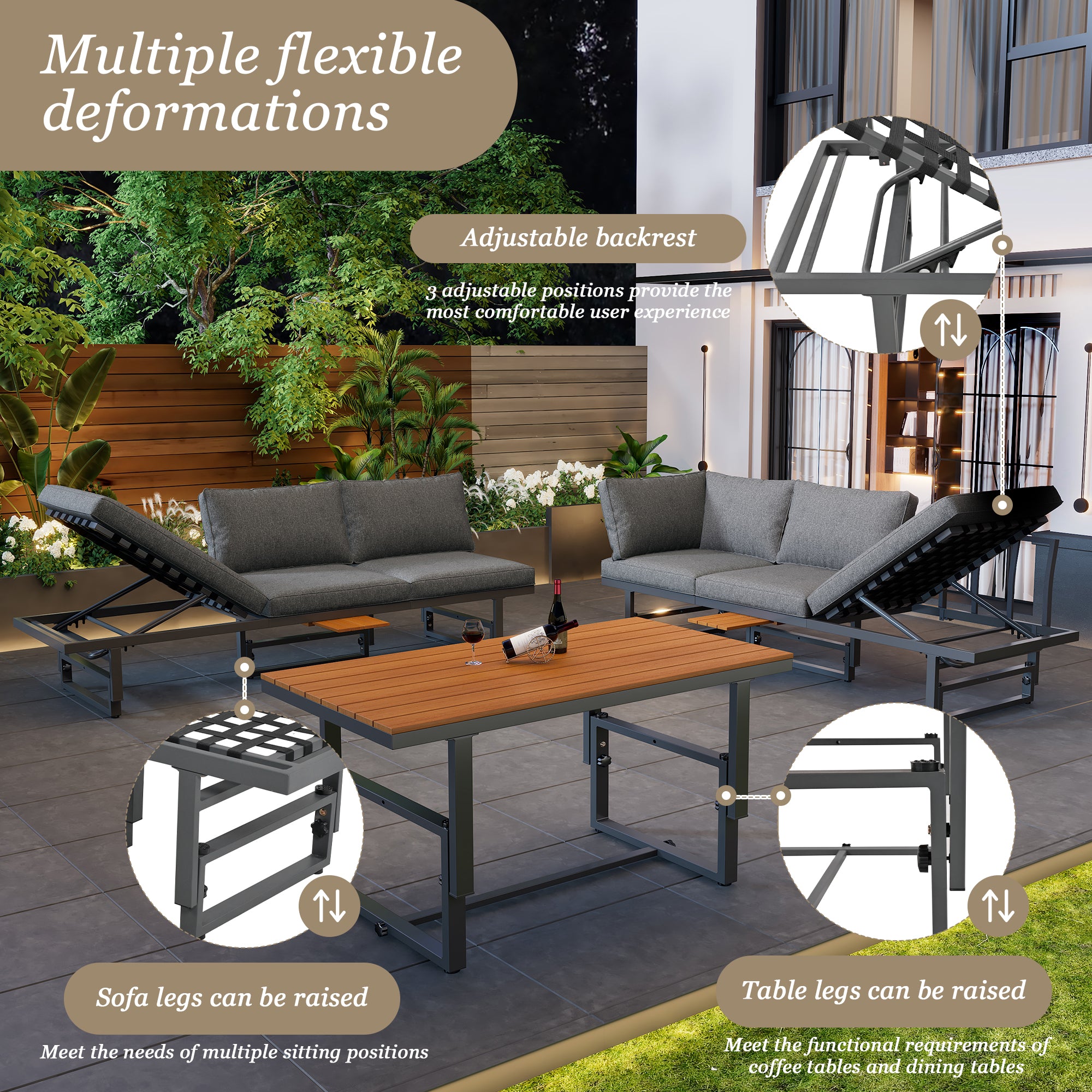 Outdoor Garden Furniture Set With 2 Sofas and Table with Galvanised Iron Frame, Adjustable Backrests, Adjustable Table, Acacia Wood, Including All Seat Cushions and Pillows, Grey