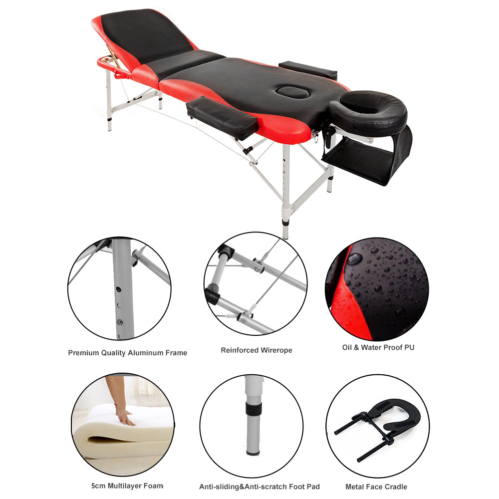 Massage Table Couch Bed Aluminium Deluxe Lightweight Professional Beauty Tattoo Spa 3 Section with Premium PU Leather and 5 cm High Density Multi-Layer Foam Headrest Arm support and Carrying Bag Red