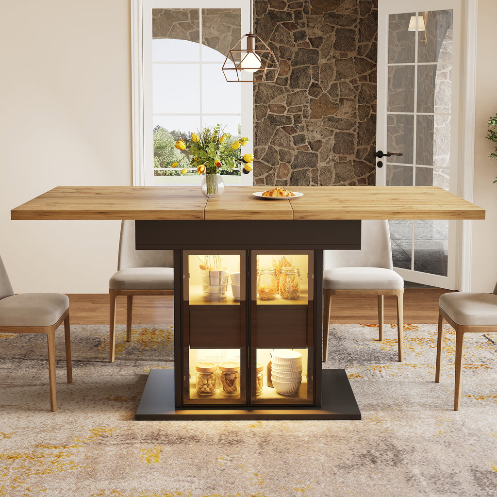 Extendable dining table with storage space & RGB LED lighting, 110–140cm, glass sliding doors & concealed push handles, white/black