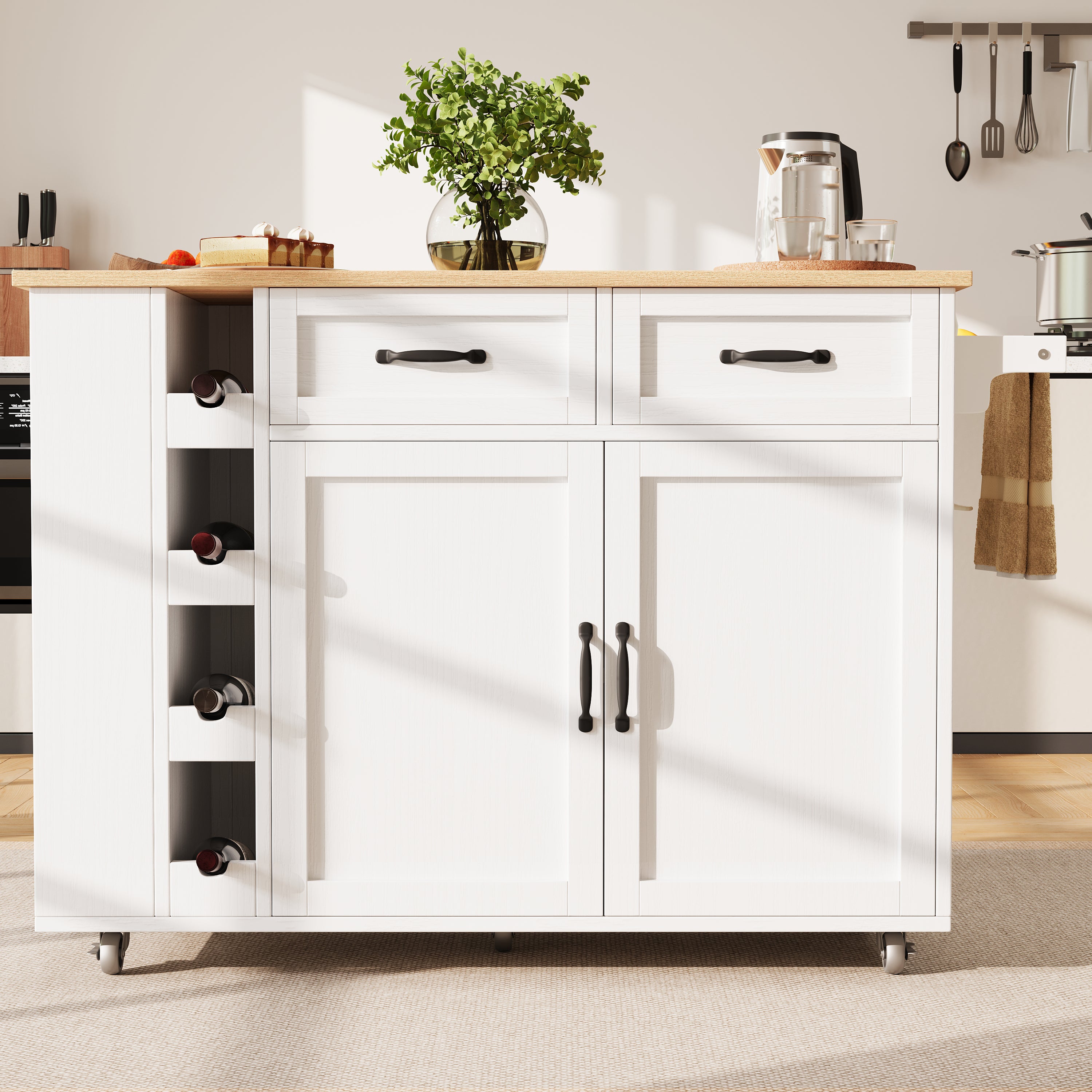 Kitchen island, kitchen trolley equipped with power socket, kitchen cabinet, removable serving trolley with wine rack, buffet cabinet, dining trolley with wood grain, buffet cabinet, white