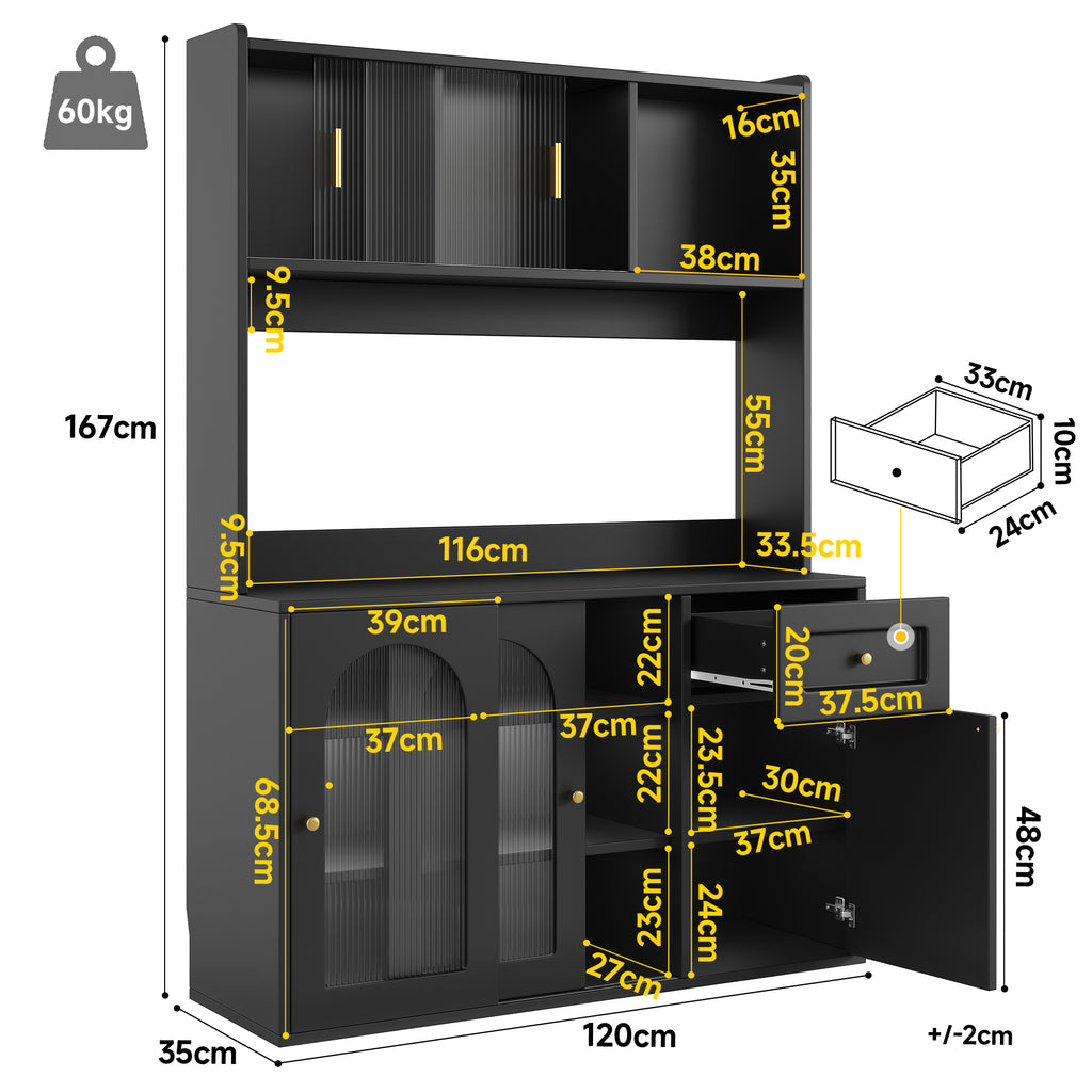 Kitchen Cabinet(120*35*167cm), Tall Cabinet, Display Cabinet, Buffet Cabinet with Adjustable Shelves, Dining Room Cabinet, Sideboard with LED Lighting, White/Black