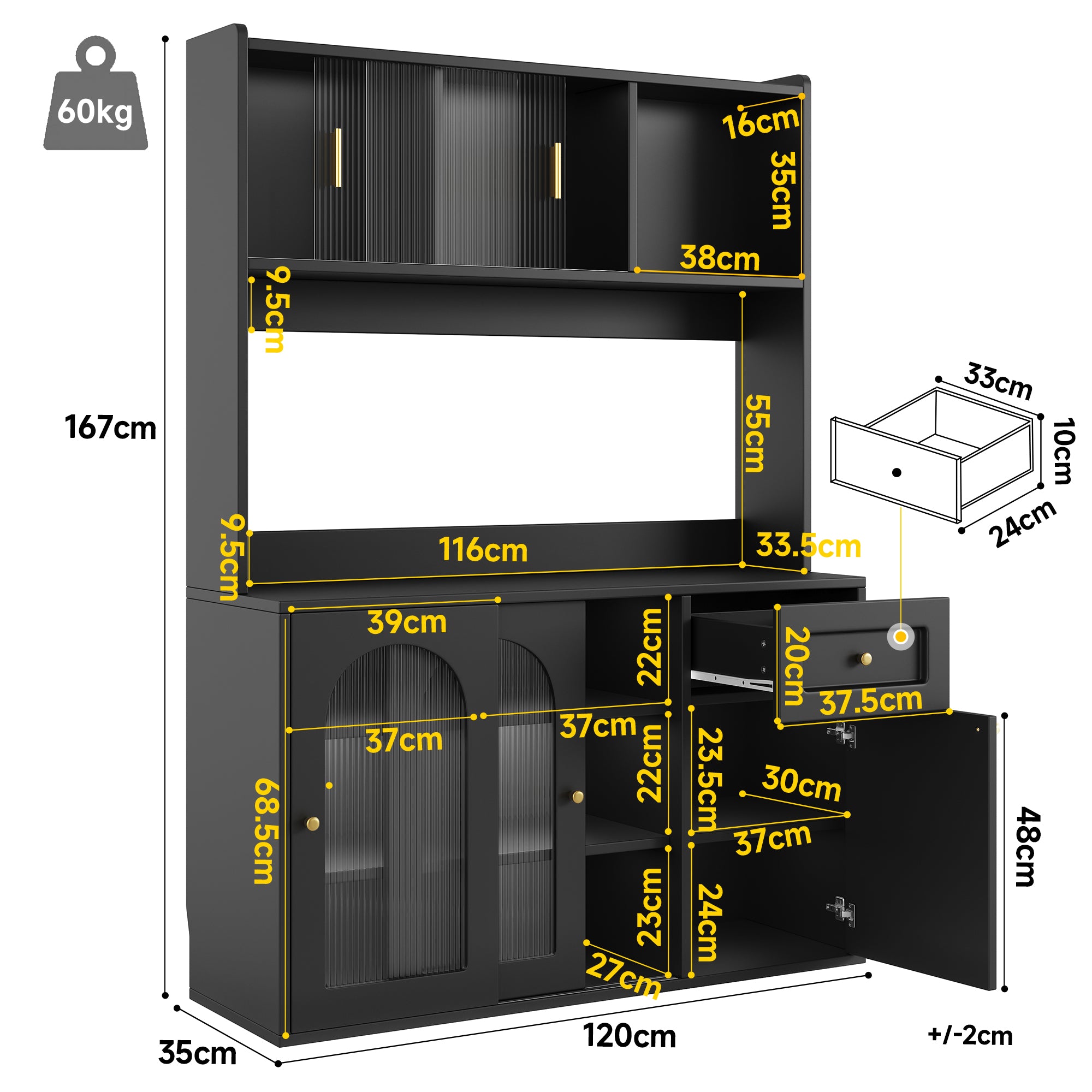 Kitchen Cabinet(120*35*167cm), Tall Cabinet, Display Cabinet, Buffet Cabinet with Adjustable Shelves, Dining Room Cabinet, Sideboard with LED Lighting, White/Black
