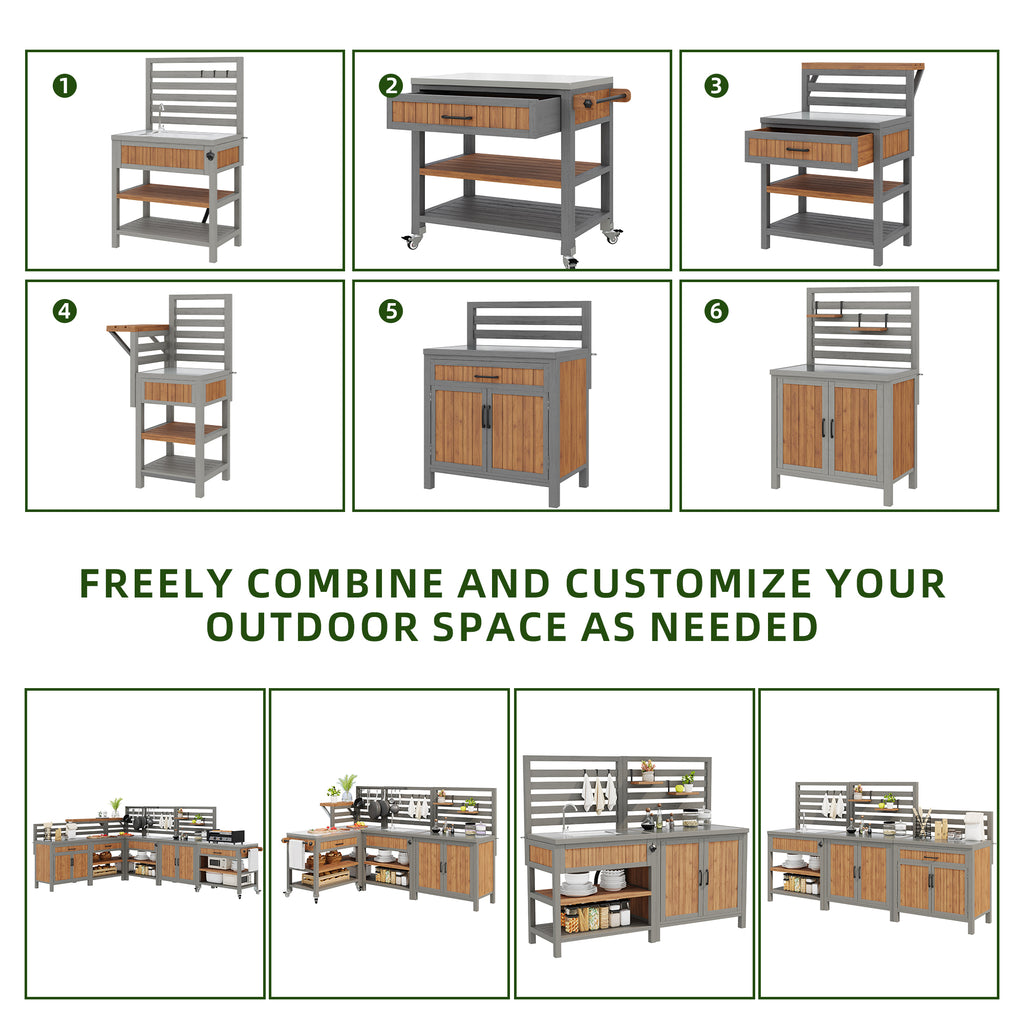 BBQ side table, mobile garden cabinet, weatherproof, stainless steel worktop, wooden garden cabinet, outdoor weatherproof tool cabinet, outdoor cabinet with large work surface and drawer