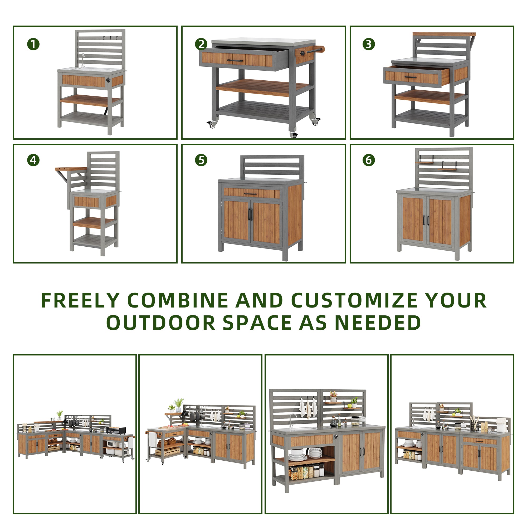 BBQ side table, mobile garden cabinet, weatherproof, stainless steel worktop, wooden garden cabinet, outdoor weatherproof tool cabinet, outdoor cabinet with large work surface and drawer