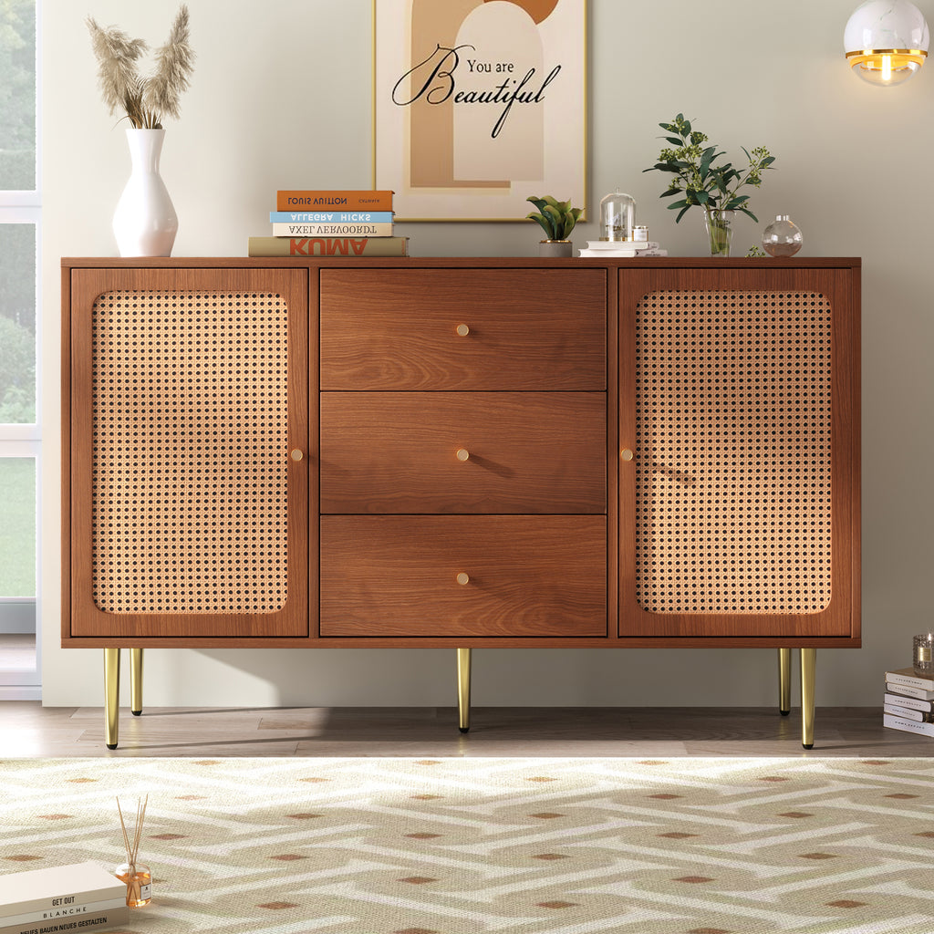 (=835960AAT) Rattan Sideboard Cabinet for Living Room, Chest of Drawers, Sideboard with 2 Doors and 3 Drawers, Adjustable Shelf, Walnut -90H/150W/40D cm