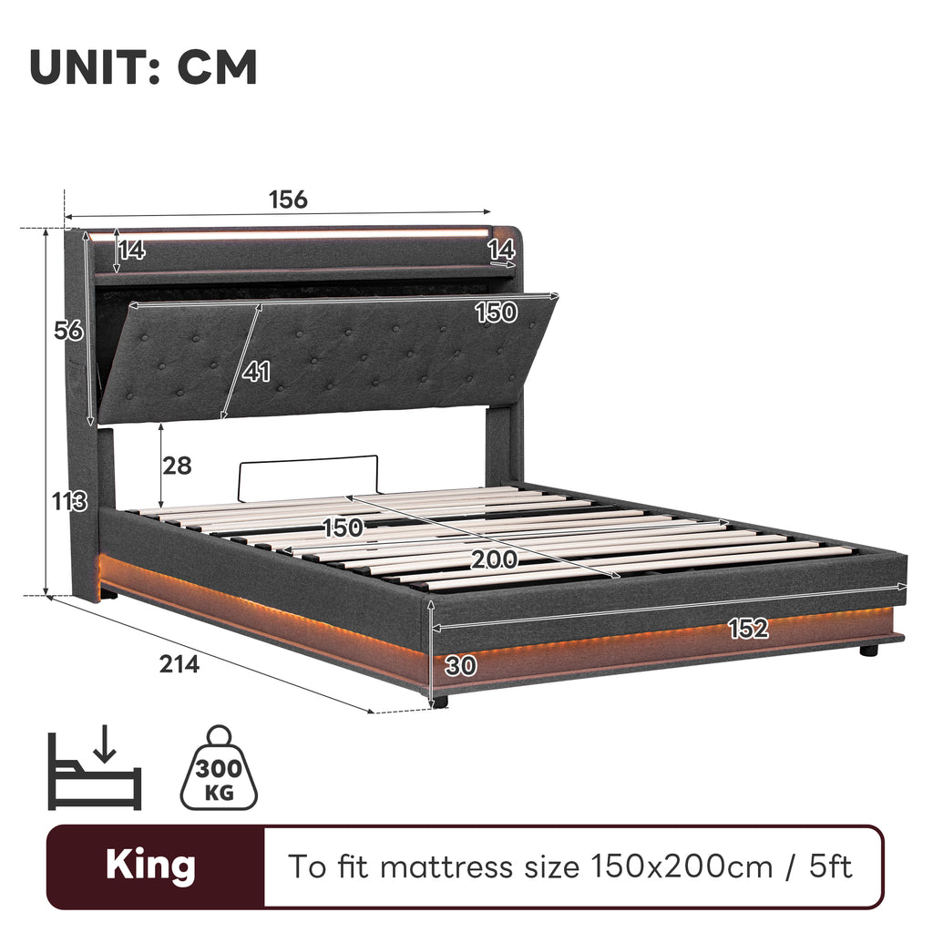 5ft King Upholstered Bed Frame with Hydraulic Storage,  LED Button Tufted Headboard with Charging Station and Concealed Headboard Storage, USB and Type - C Ports, Linen, Grey (No Mattress)