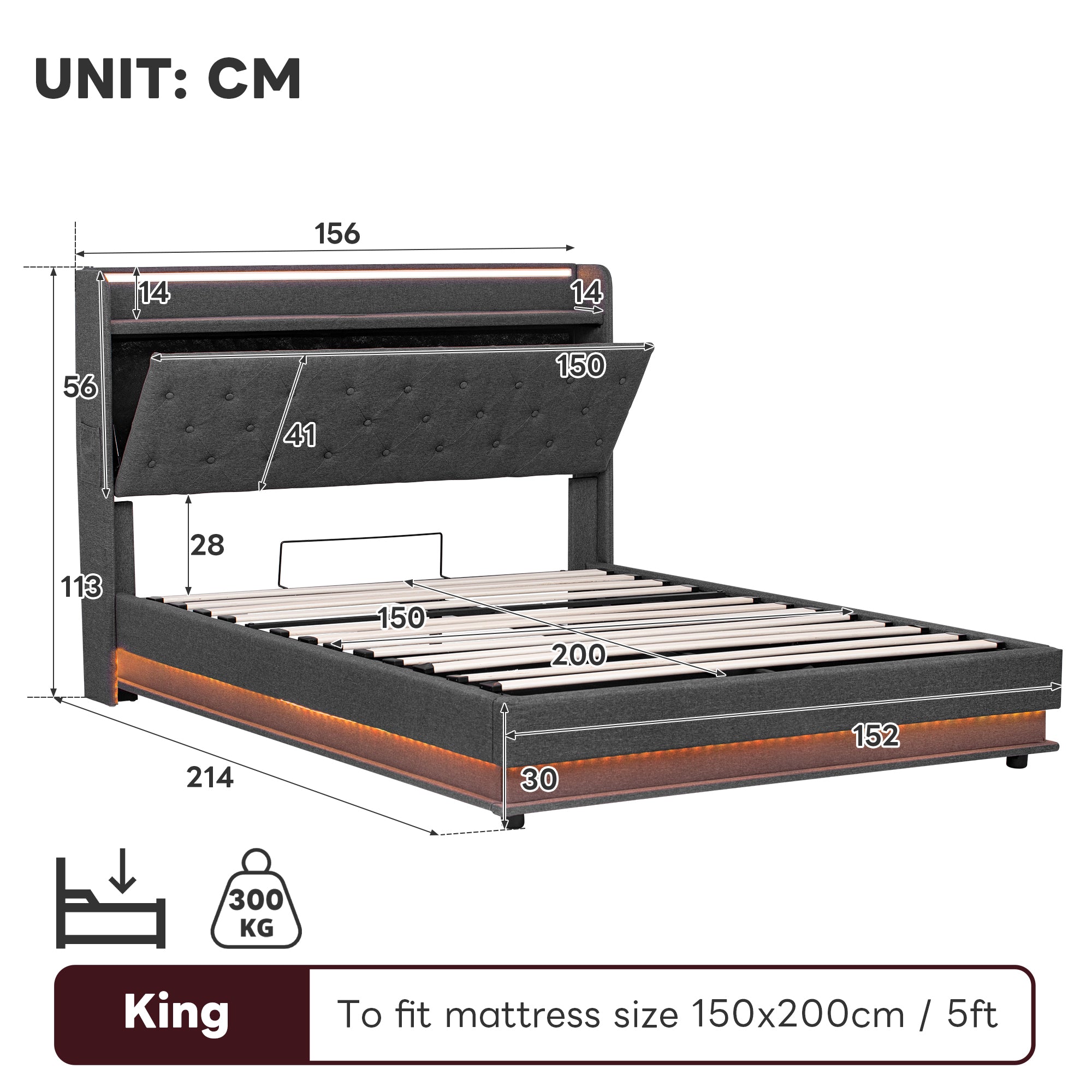 5ft King Upholstered Bed Frame with Hydraulic Storage,  LED Button Tufted Headboard with Charging Station and Concealed Headboard Storage, USB and Type - C Ports, Linen, Grey (No Mattress)