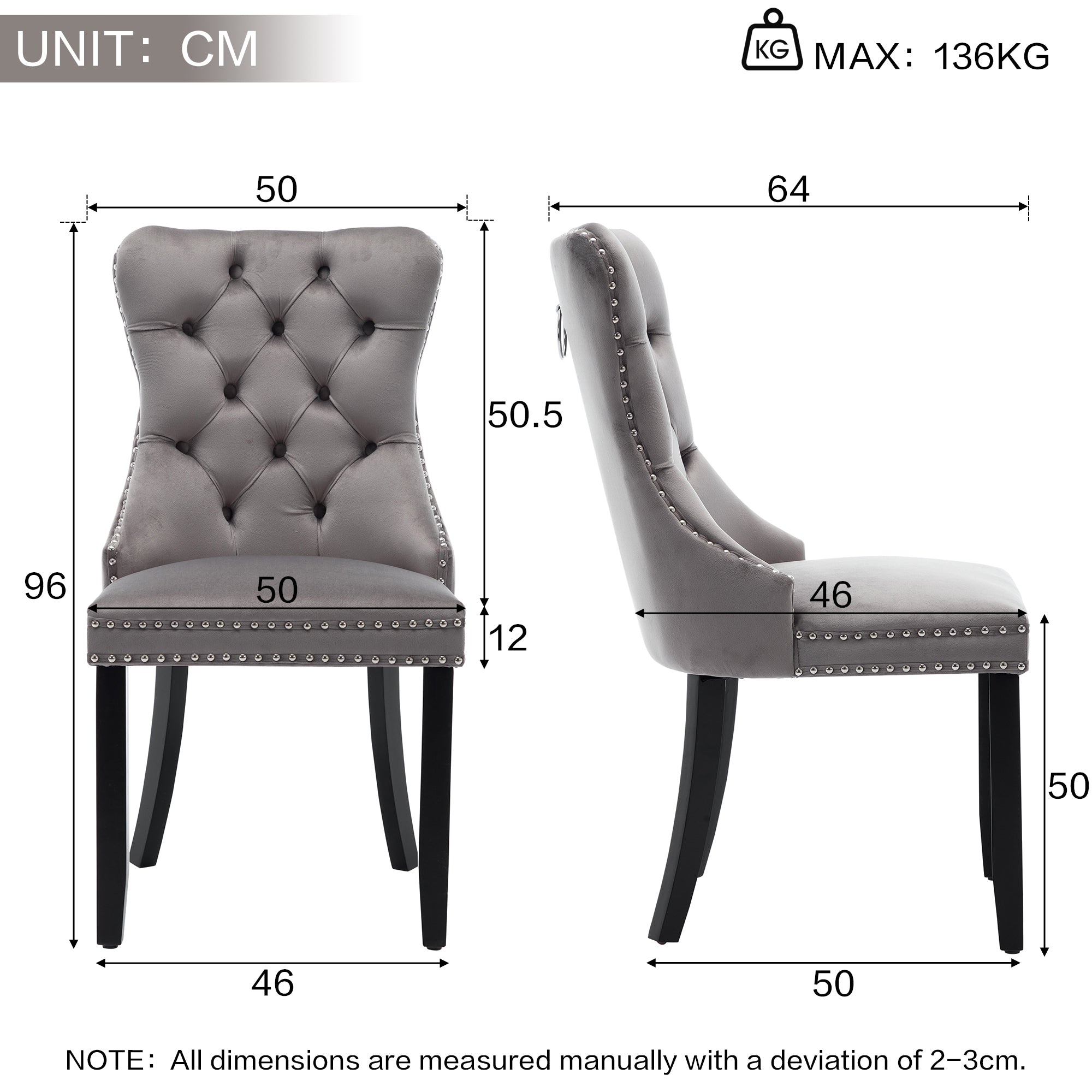 Modern Set of 2 Upholstered Velvet Dining Chairs, Button Tufted Kitchen Lounge Chairs with Solid Wood Legs, Riveted Trim and Knocker Ring, for Dining Room Living Room, Grey