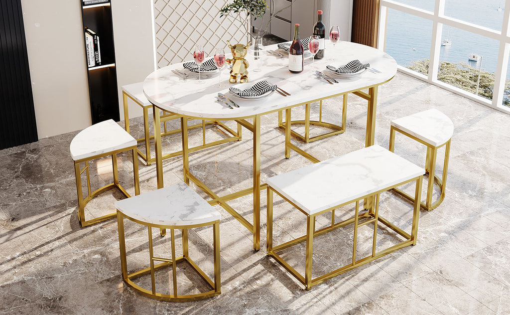 Dining room table set with six chairs, Dining group with white MDF seat cushions and gold-plated iron frames, Modern luxury tables and chairs