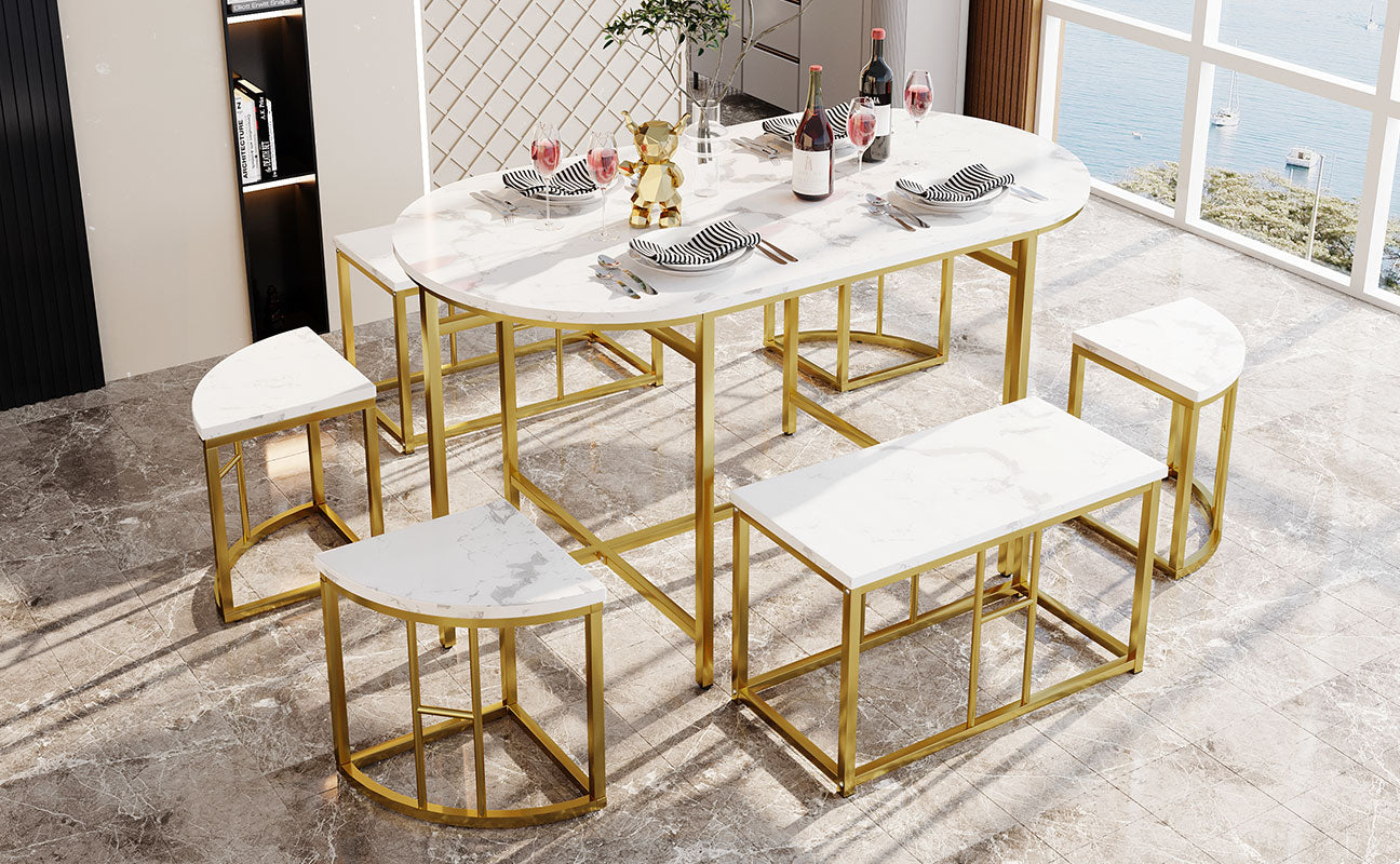 Dining room table set with six chairs, Dining group with white MDF seat cushions and gold-plated iron frames, Modern luxury tables and chairs