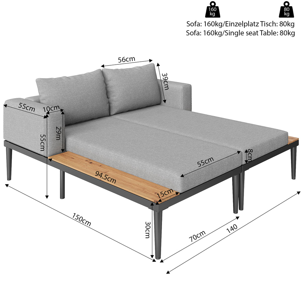 Modular Outdoor Double Chaise Lounge with Wooden Side Panels, Waterproof Cushions, Sturdy Iron Frame, for Patio & Poolside