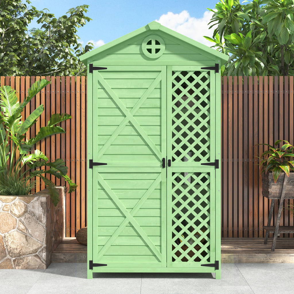 Outdoor Wood Garden Furniture Storage Shed, Tool House with Ventilation Slots for Backyard, Patio, Fade Free, All Weather Resistant, Safe and Secure, Zero Maintenance, Green
