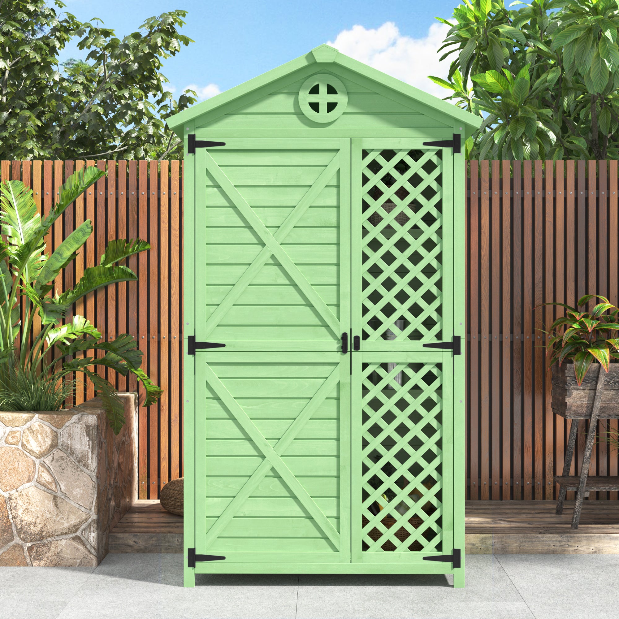 Outdoor Wood Garden Furniture Storage Shed, Tool House with Ventilation Slots for Backyard, Patio, Fade Free, All Weather Resistant, Safe and Secure, Zero Maintenance, Green