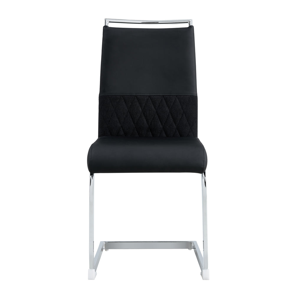 Modern dining chairs set of 2, backrest made of PU faux leather and linen, high back padded side chair, horizontal stripes backrest design for dining room, kitchen, guest office chair, black