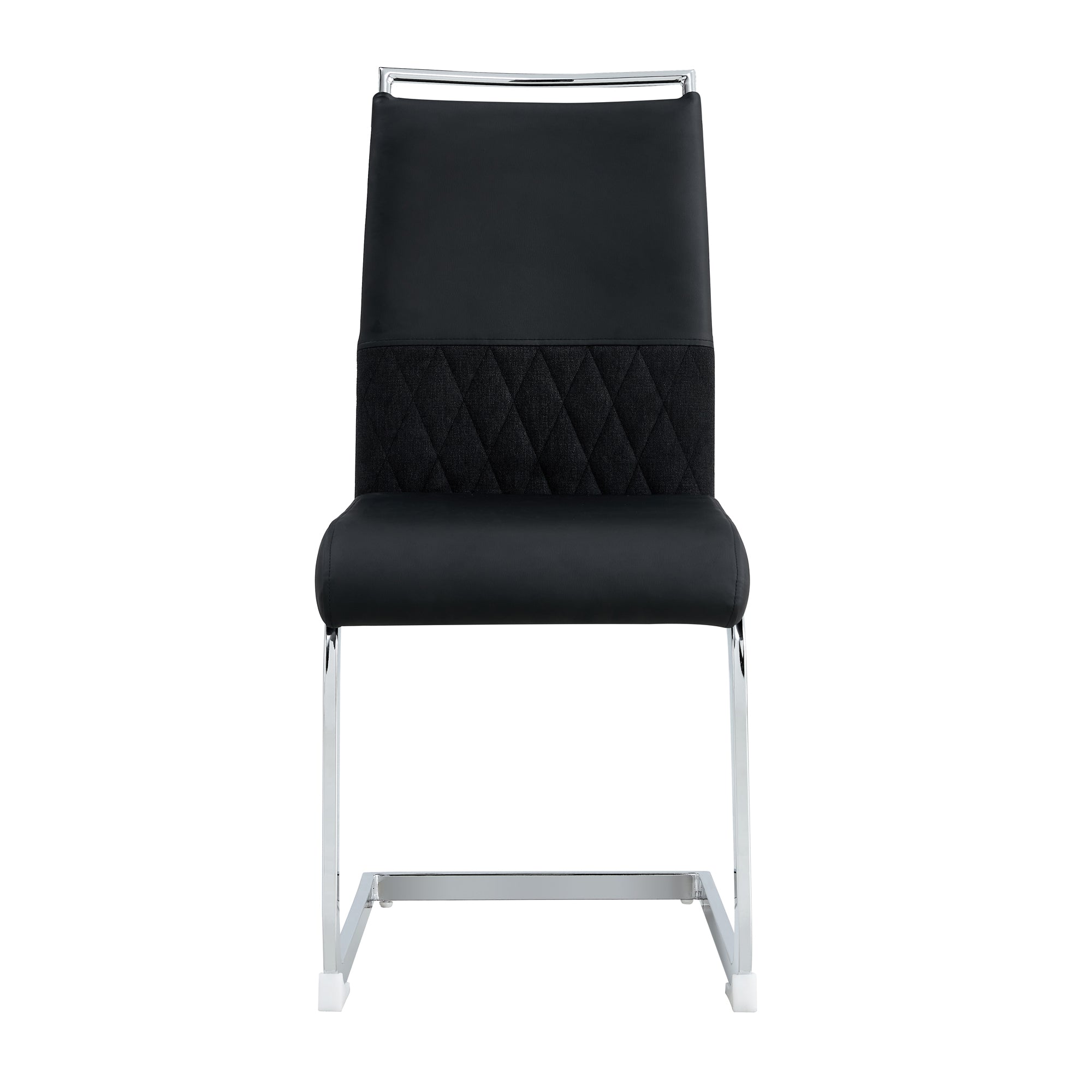 Modern dining chairs set of 2, backrest made of PU faux leather and linen, high back padded side chair, horizontal stripes backrest design for dining room, kitchen, guest office chair, black