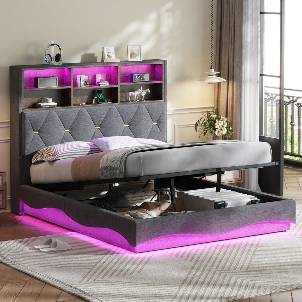4ft6 Double Upholstered Bed Frame with Hydraulic Storage, Wavy LED Heightened Headboard with Charging Station, USB and Type - C Ports, Linen, No Box Spring Needed, Grey (No Mattress)