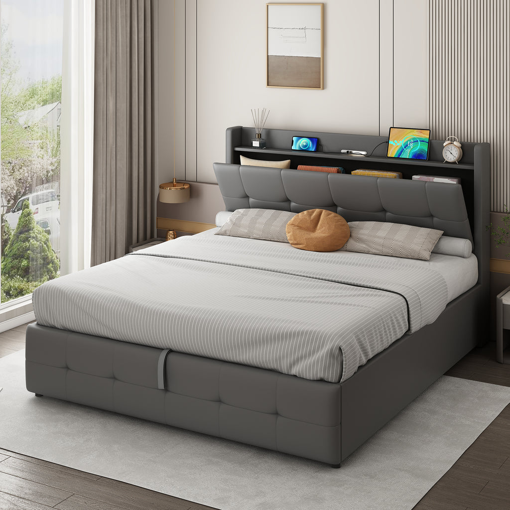 5ft King Upholstered Bed Frame with Hydraulic Storage, PU Leather Ottoman Bed with Concealed Headboard Storage, Double Bed with Charging Station and LED Night Light,  Grey (No Mattress)