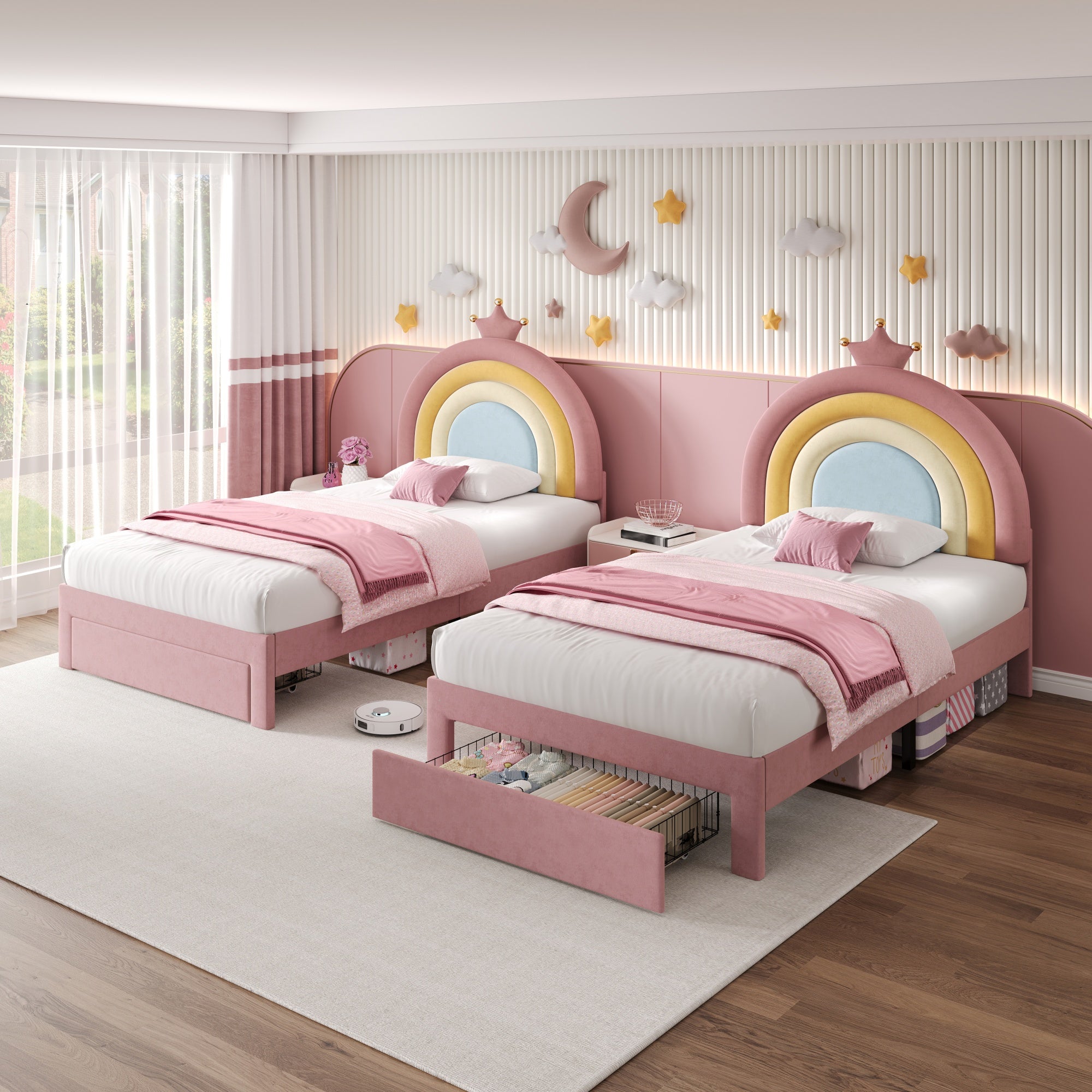 3ft Single Upholstered Bed with Adjustable Rainbow Headboard, Soft Velvet Bed Frame with Storage Drawer, Stylish Rainbow Headboard with Crown, No Box Spring Needed, Easy Assembly, Pink (No Mattress)