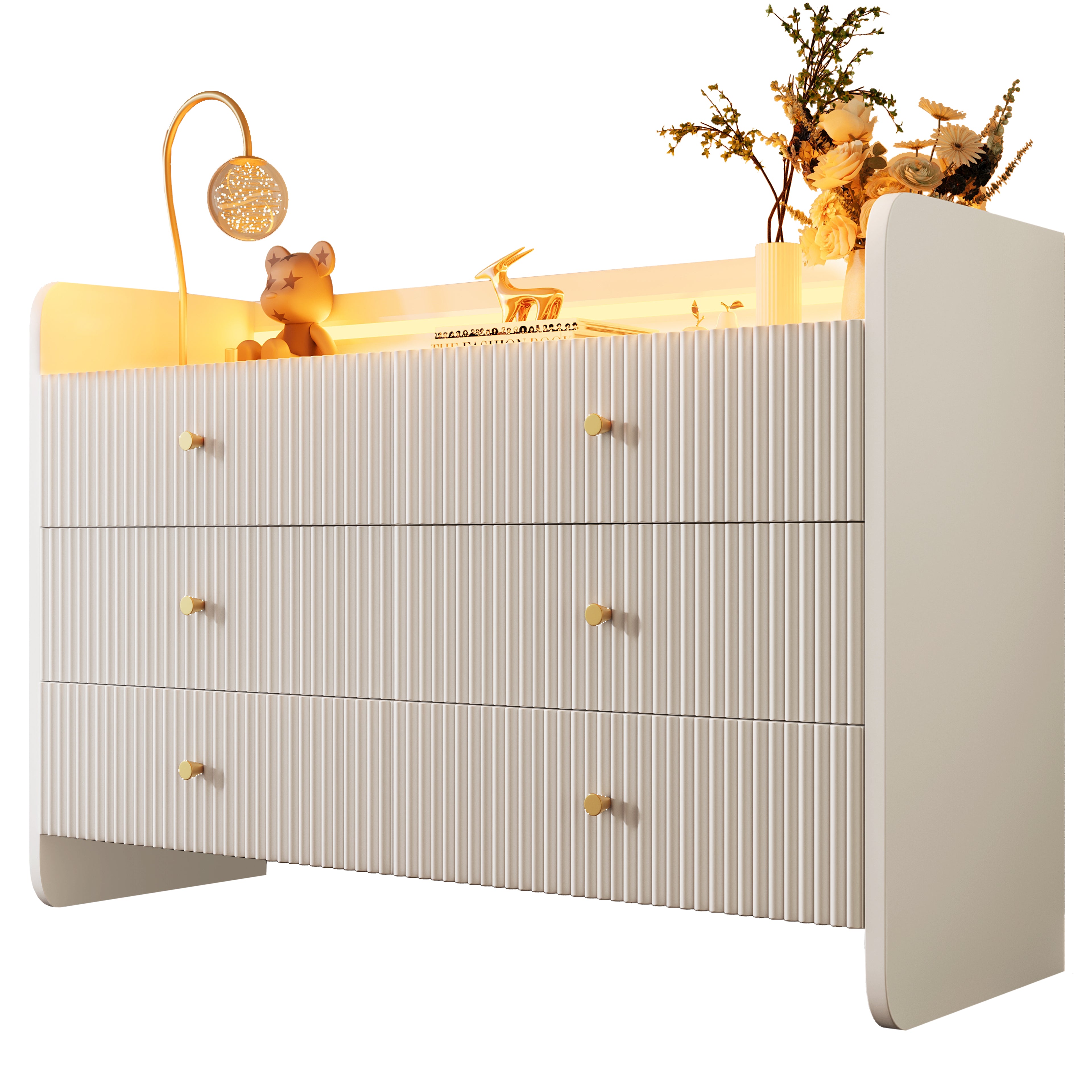Fluted 6-Drawer Sideboard, Modern Storage Cabinet with RGB LED Lighting & Shelves,, Chest of Drawers for Living Room Bedroom Dining Room Office, 75x 120 x 40 cm, White