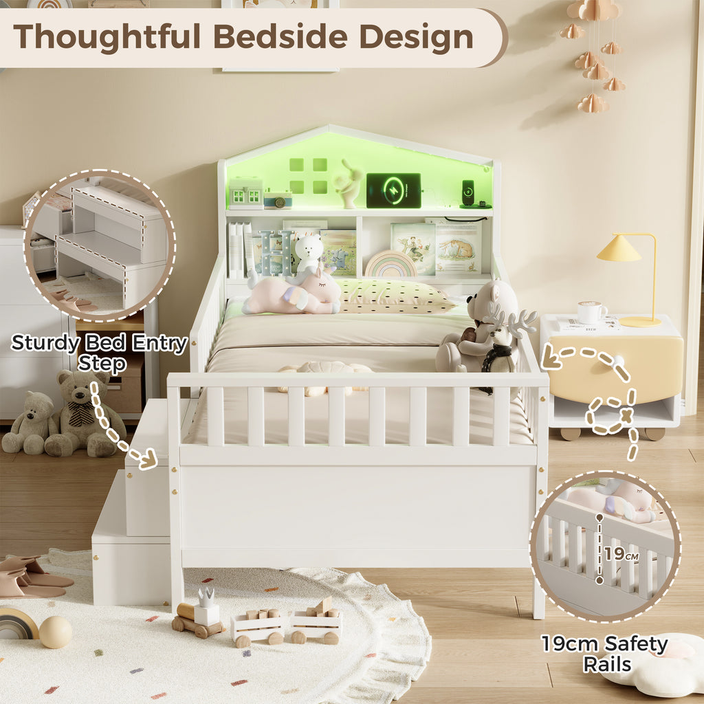 3ft Single Wooden Bed Frame with Step Stool, LED House-shaped Storage Headboard with Drawer Storage, USB and Type - C Ports, No Box Spring Needed, White (No Mattress)