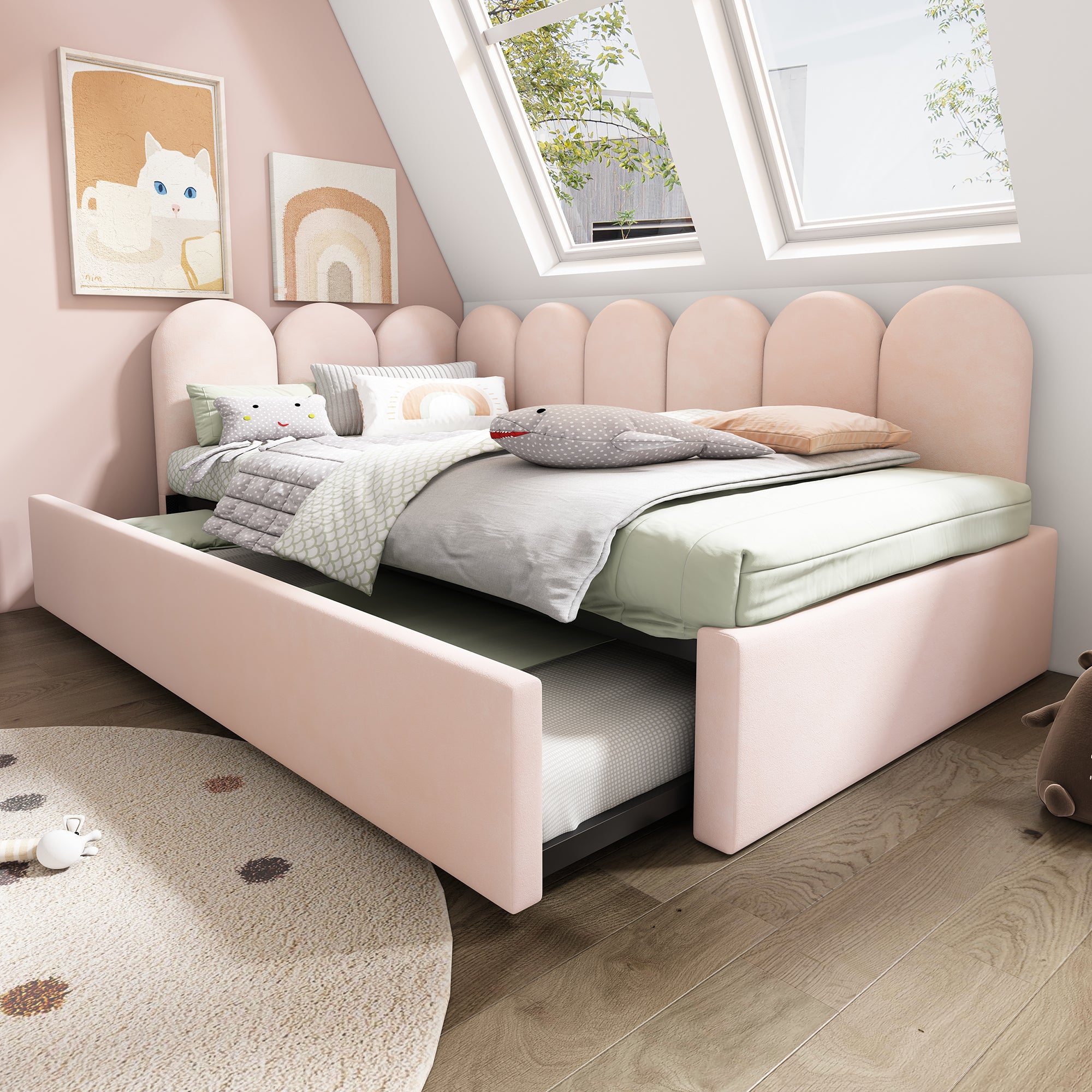 Upholstered Bed Daybed With Pull-Out Bed, 3FT Single Sofa Bed 90X190Cm,Guest Beds For Adults and Children, Bed With Metal Slatted Frame, Velvet, Pink (No Mattress)