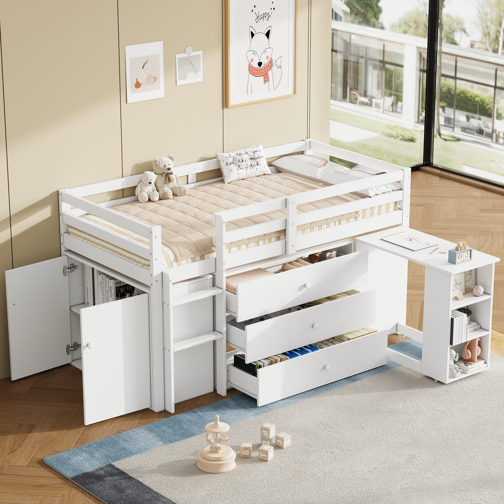 3ft Single Modern Wood Bed with Pull-out Desk, Wooden Children's Cabin Bed with 3 Drawers, Storage Cabinet & Shelves, Flexible Two-way Installation, Space-saving Loft Bed, White (No Mattress)
