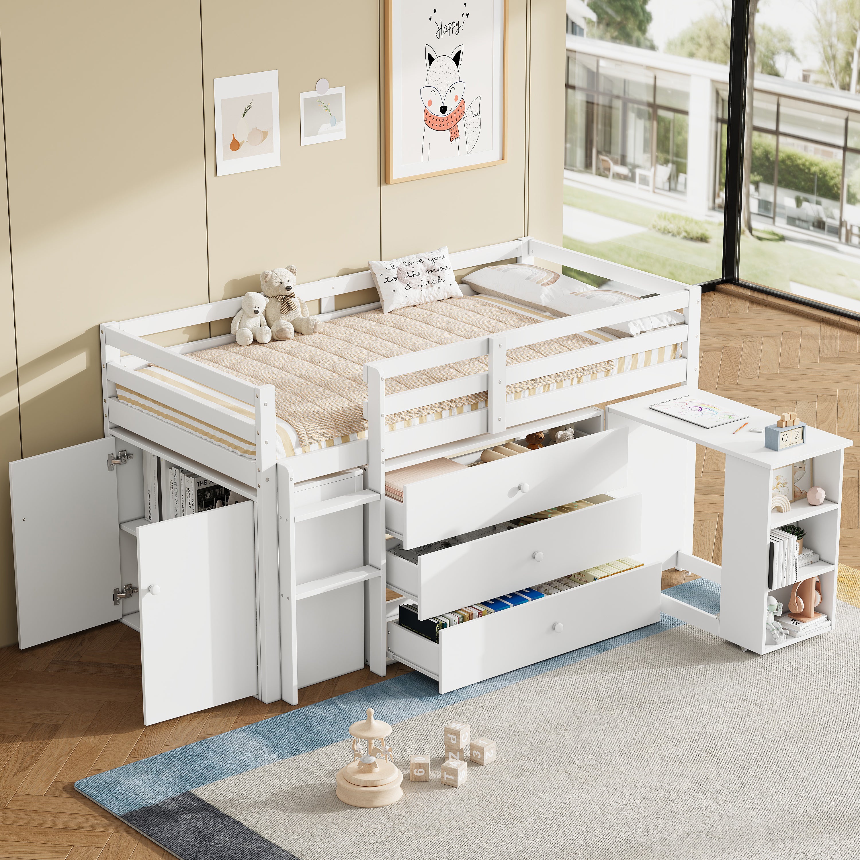 3ft Single Modern Wood Bed with Pull-out Desk, Wooden Children's Cabin Bed with 3 Drawers, Storage Cabinet & Shelves, Flexible Two-way Installation, Space-saving Loft Bed, White (No Mattress)